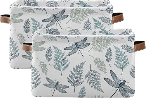 Miniatura 8 de susiyo Cestas de almacenamiento plegables grandes de tela con helechos y libélula botánica, canastas decorativas plegables con asas de poliuretano