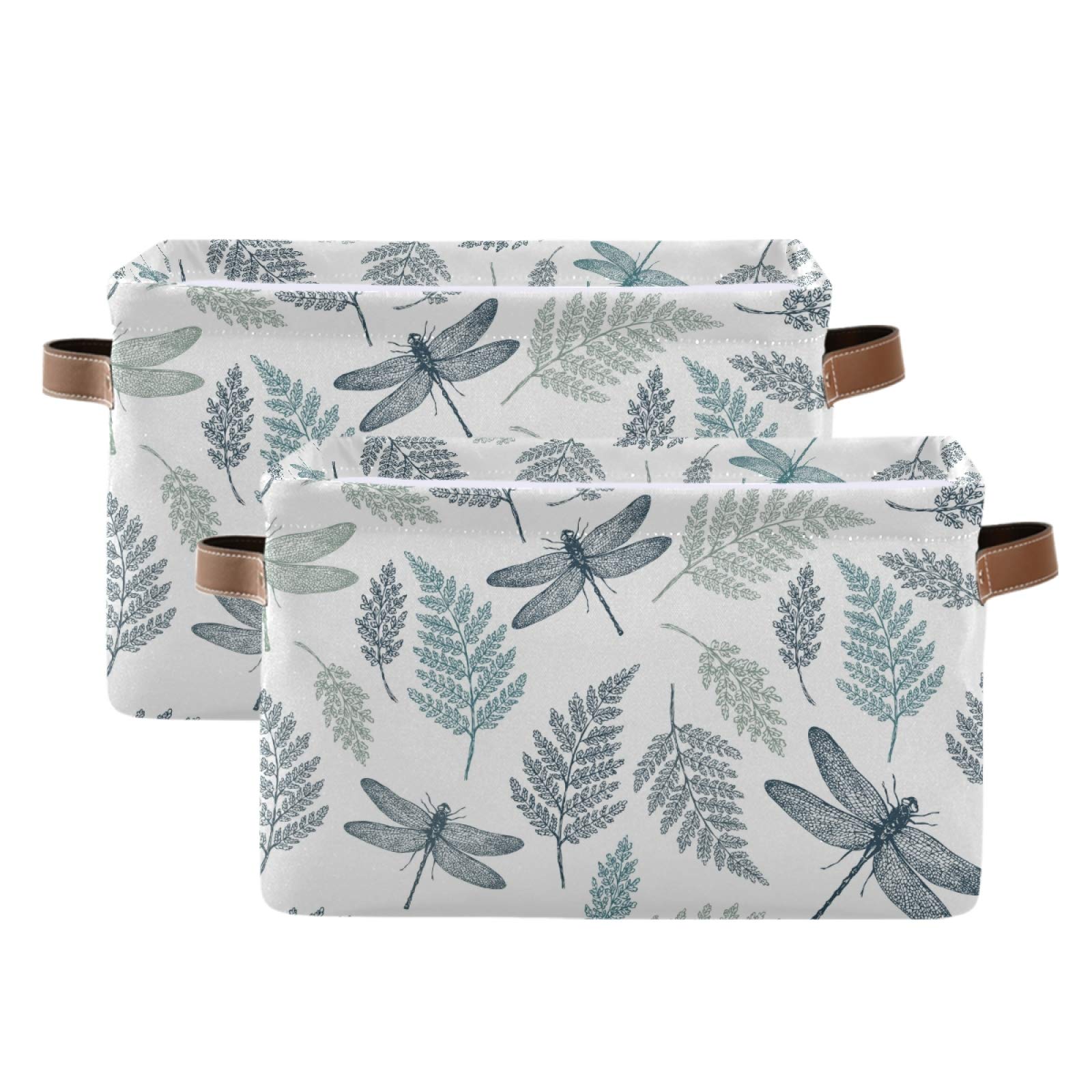 susiyo Large Foldable Storage Bin Fern Botanical Dragonfly Fabric Storage Baskets Collapsible Decorative Baskets Organizing Basket Bin with PU Handles