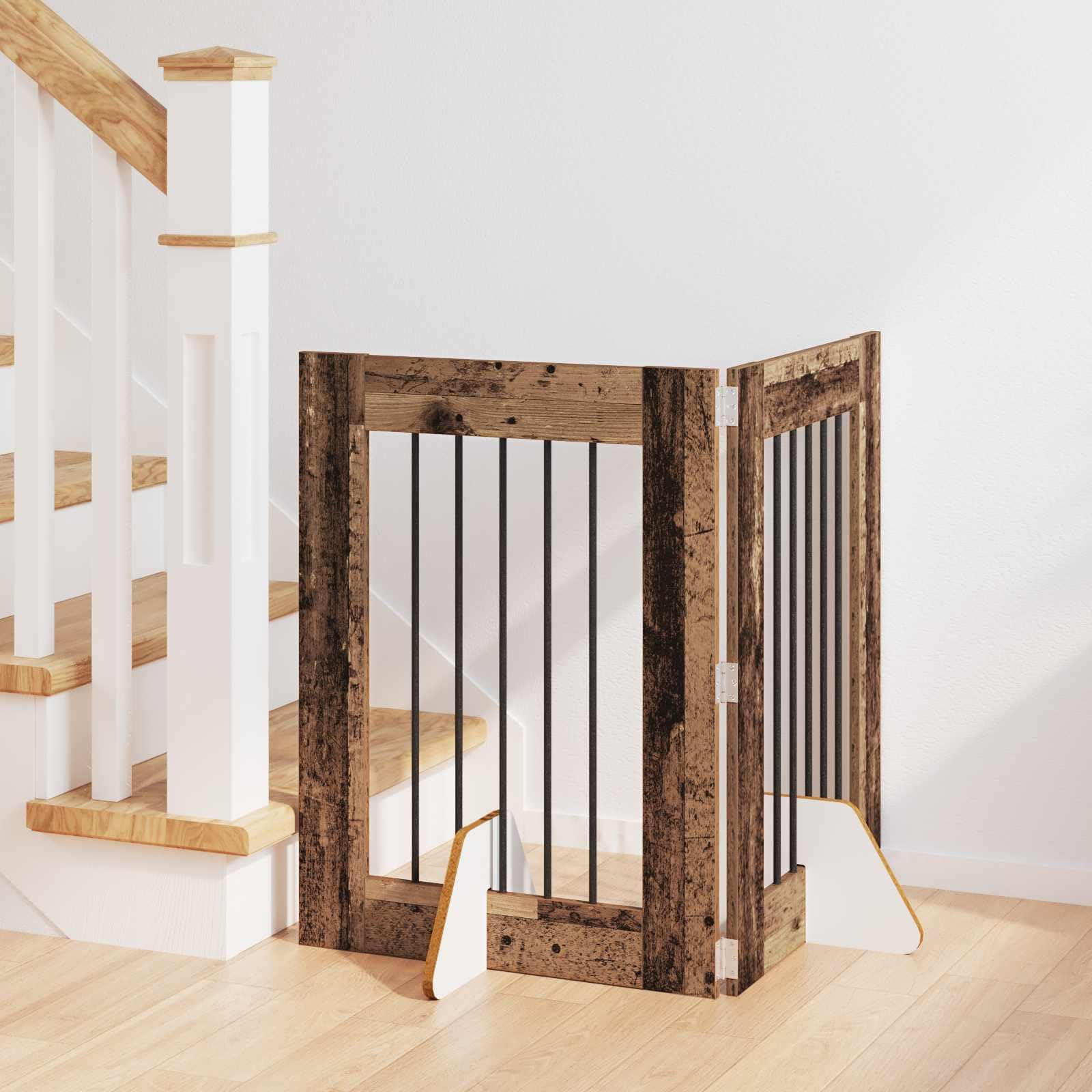 Portería para perros con soporte de madera recuperada 60 x 80 cm, 2 piezas plegable y portátil, material de madera interior para perrera, cercado para cachorros, seguridad y protección en el