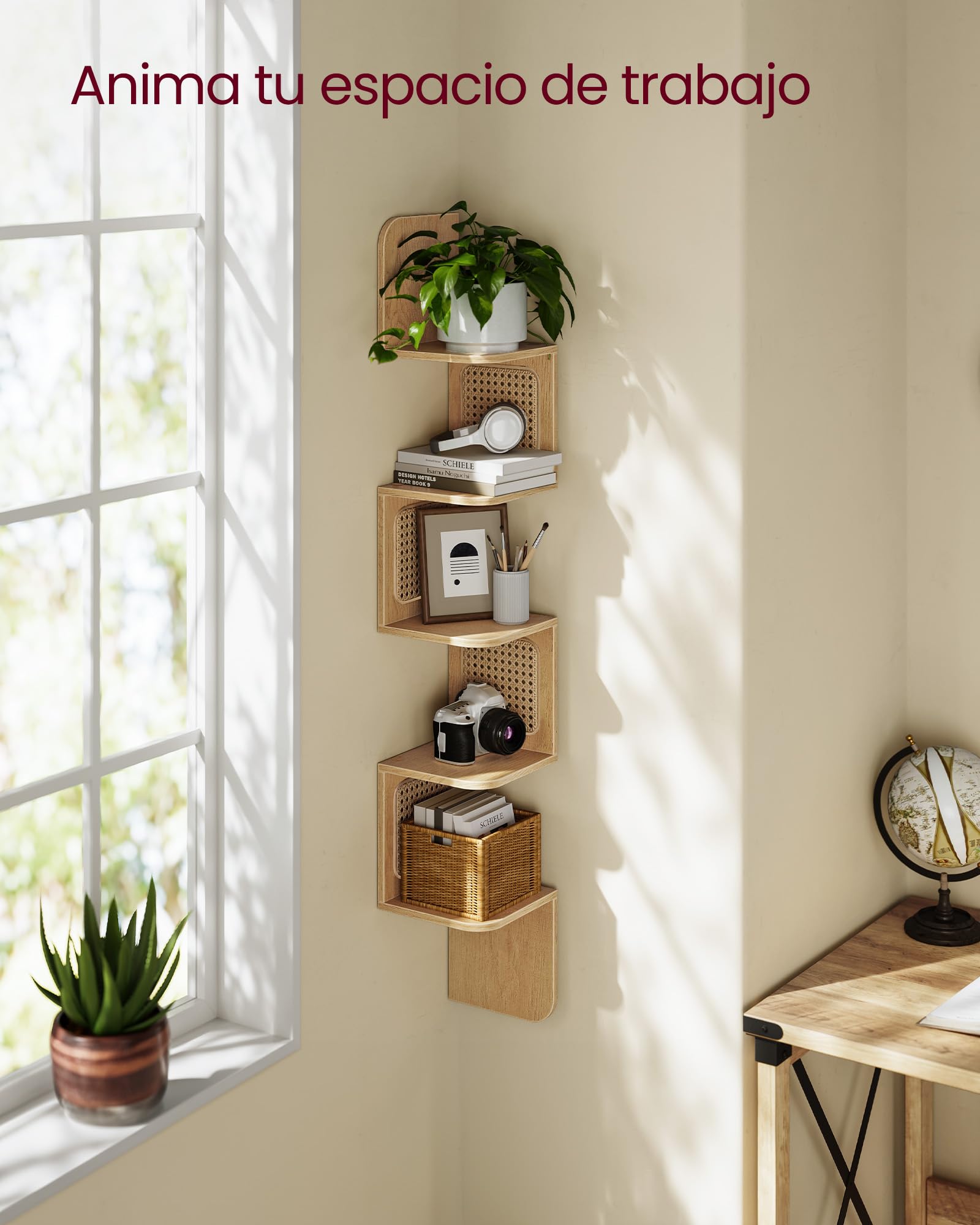 VASAGLE Estantería de Esquina, Estantería Flotante de 5 Niveles, Estantería Zigzag Montada en la Pared, Laterales de Ratán de PVC, Cocina, Dormitorio, Salón, Estilo Boho, Beige Roble LLS582Y57