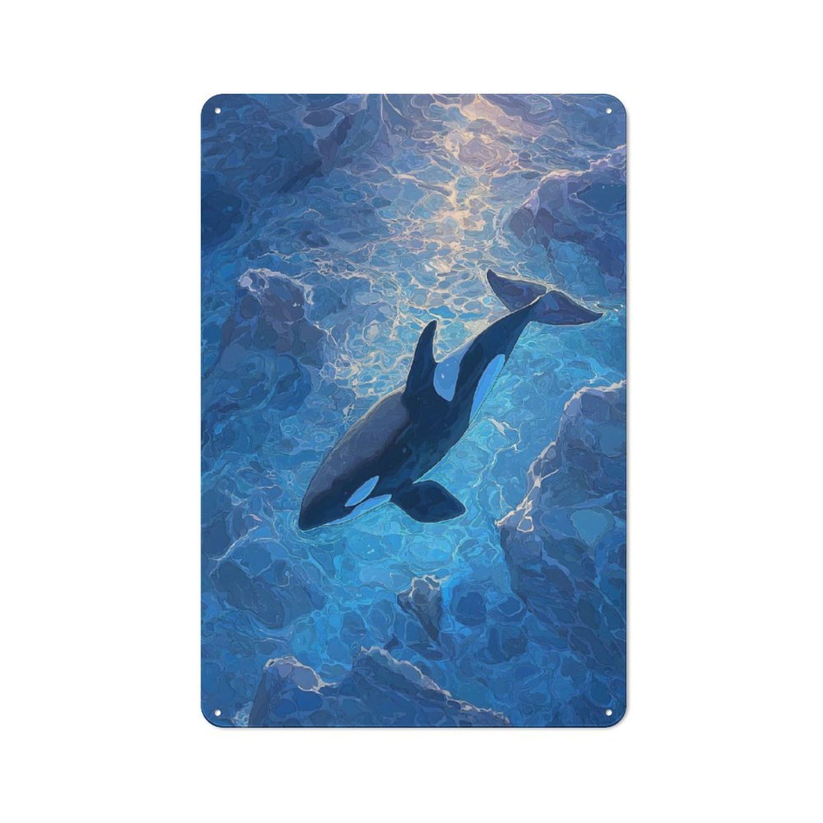 Junmoney Orca In Blue Ocean Art Printed Metal Sign 30X20cm For Guest Room Or Hallway, Suited To Home Decor Collectors