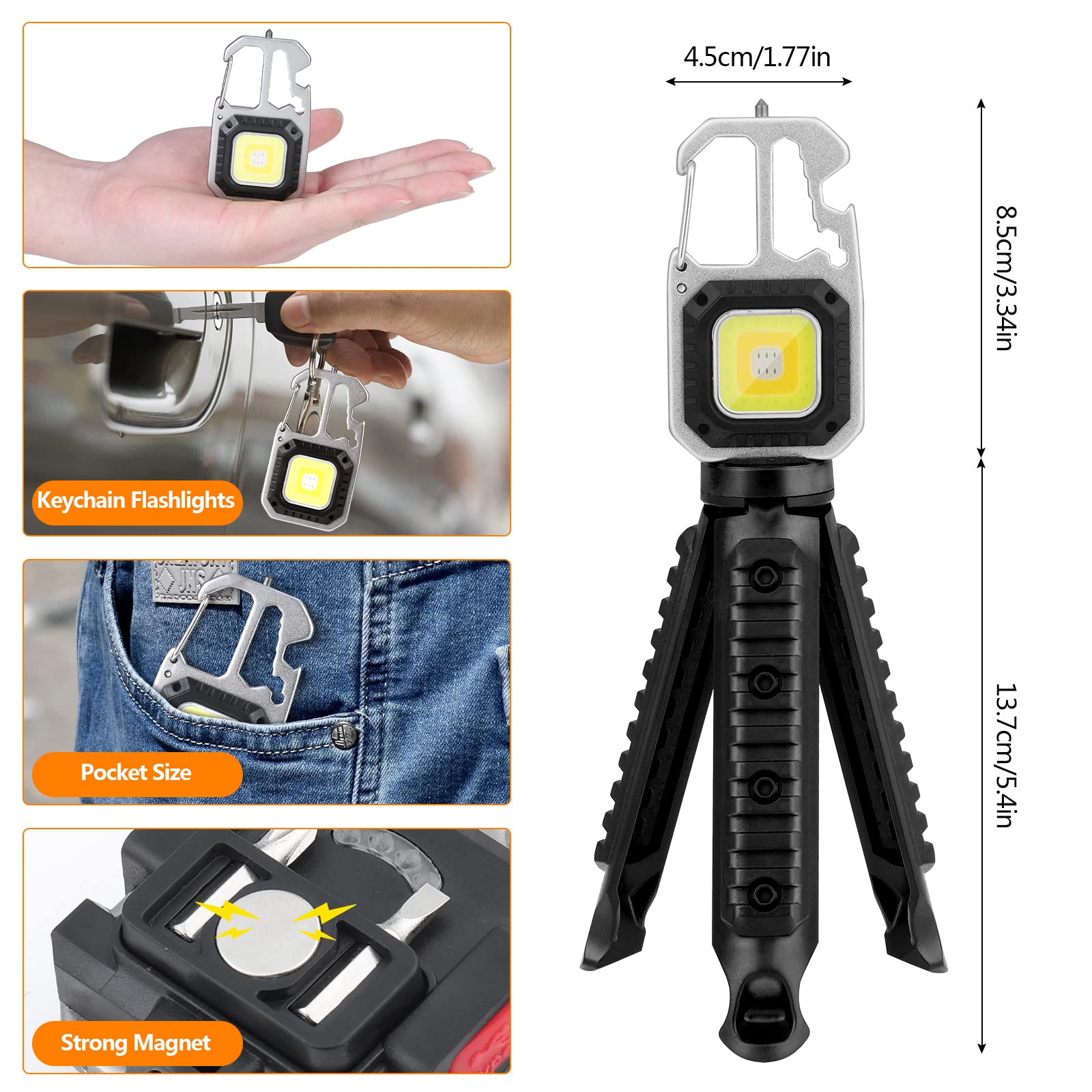 Glovios Mini LED COB Flashlight, 2PCS Mini Luce da Lavoro Portatile,Mini Torcia Portachiavi Ricaricabile 800 Lumens,LED Torcia da Lavoro Portatile,per Campeggio Riparazione Emergenza (2Pcs+Stand)