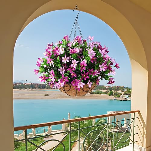 Miniatura 8 de Homsunny Flores colgantes artificiales, flores pequeñas de lirios de 12 pulgadas, pequeños lirios falsos que cuelgan en forro de coco, cestas