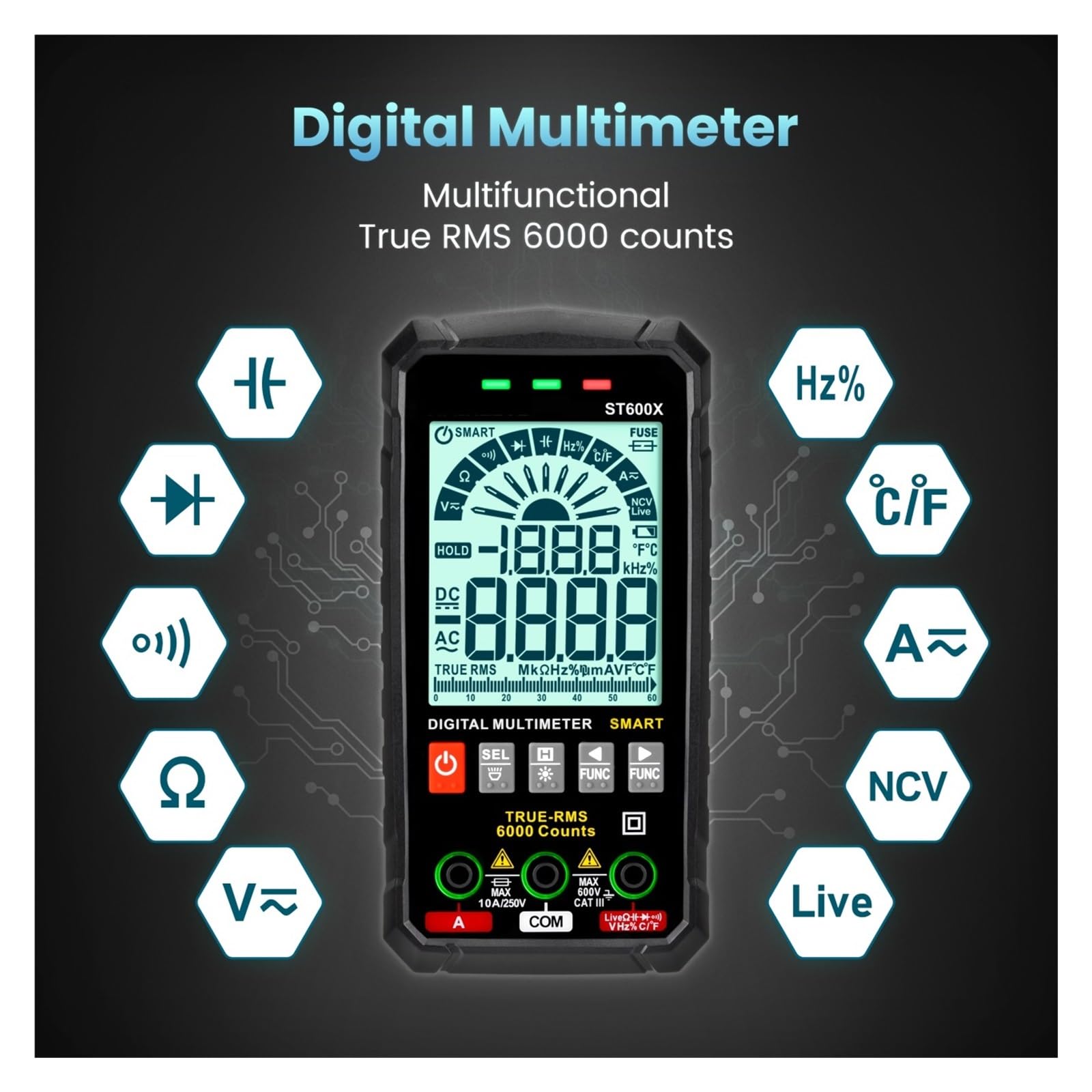Multímetro Digital ST600X Ture Rango Automático NCV Inteligente Probador AC DC Capacitancia De Voltaje Ohm Hz Medidor Lectura Rápida Precisa Sencilla(ST600X-Blue)