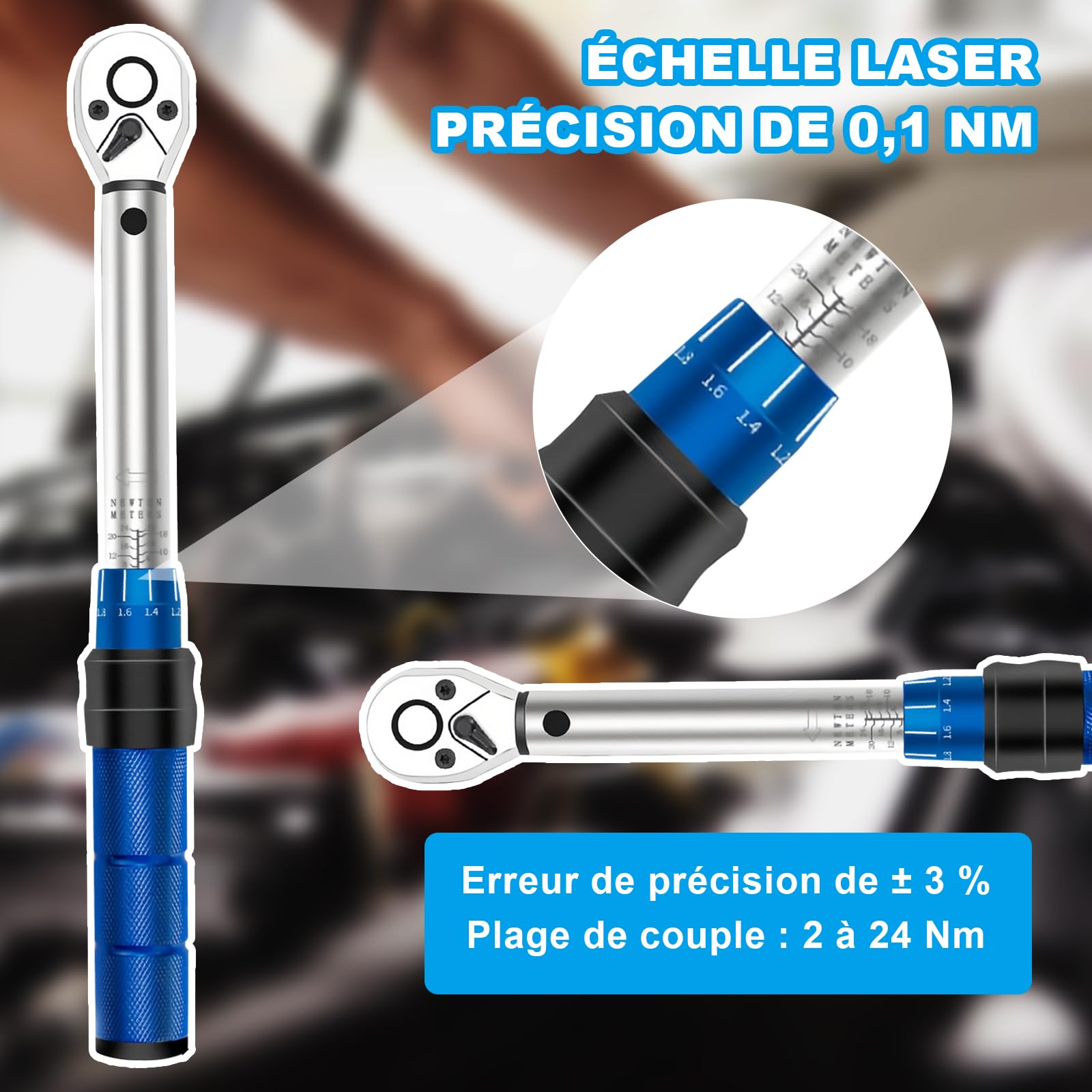 15 Pièces Clé Dynamométrique 1/4", Précision ±3%, 2-24Nm Cle Dynamométrique Velo, Cliquet Réversible à 72 Dents, Rallonge de 100 mm pour Vélo/Moto/Route