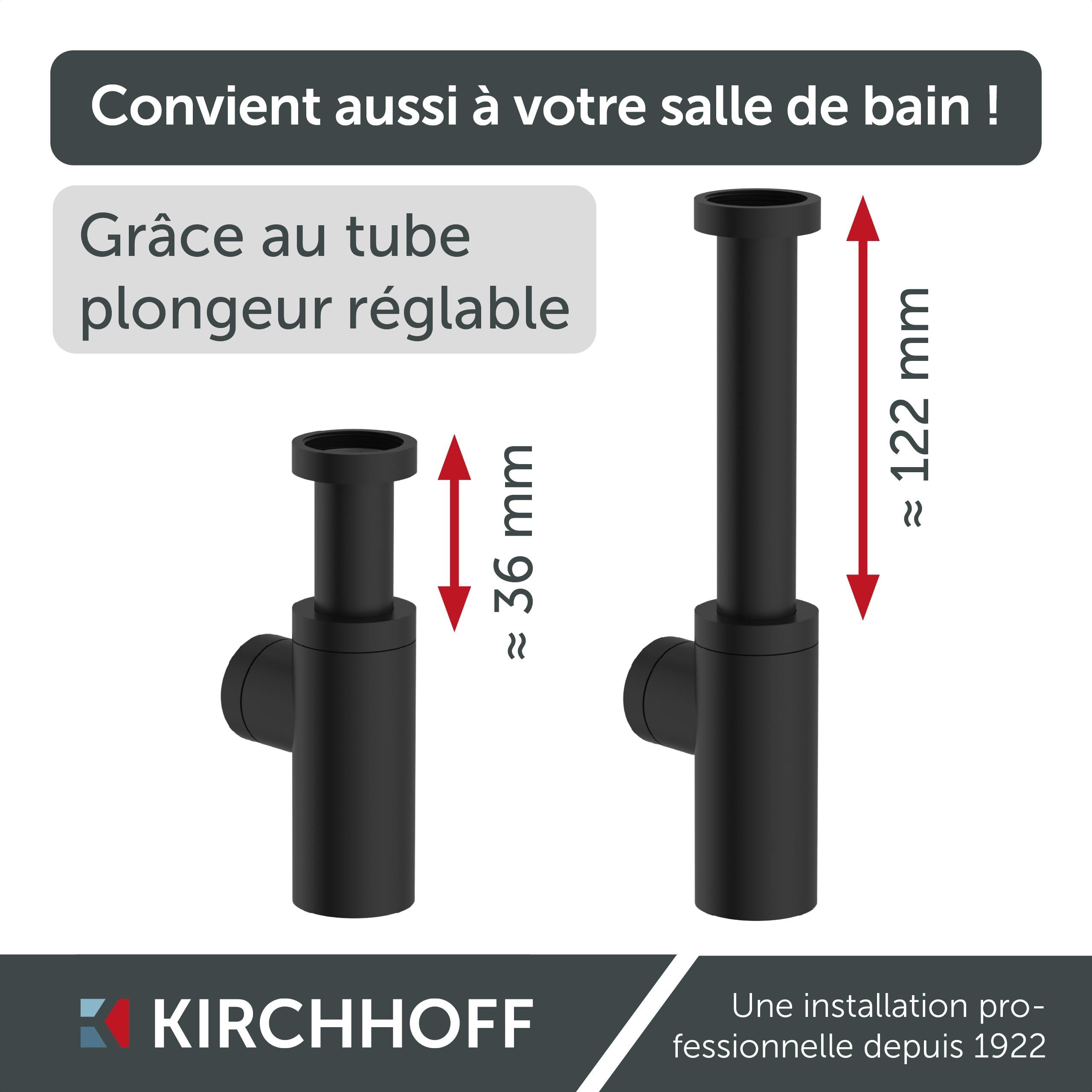 Kirchhoff Siphon design, siphon de lavabo de salle de bain en plastique non corrosif, siphon pour lavabo et lavabo, siphon anti-odeurs avec ouverture de nettoyage, 98803828, noir