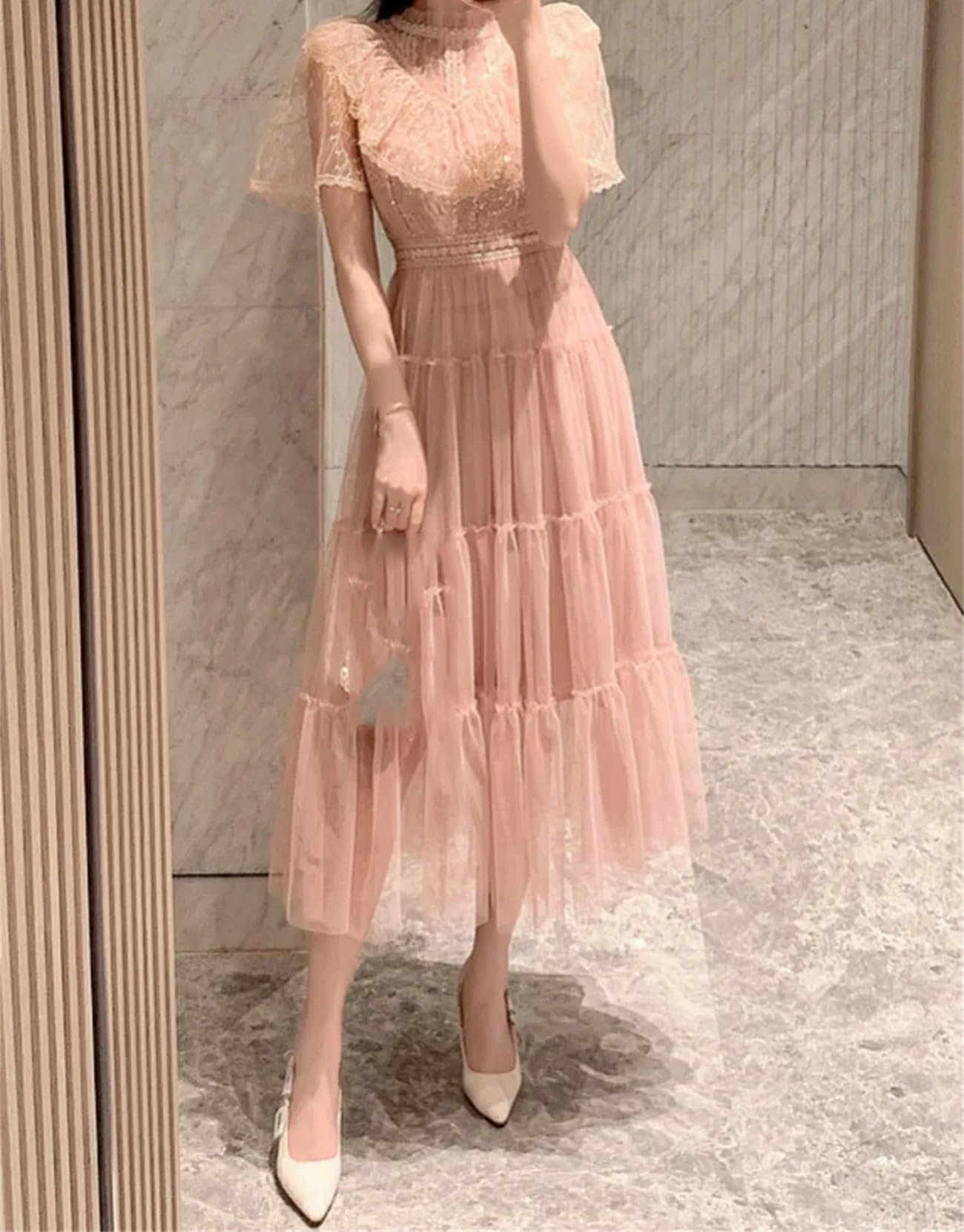 Yeuyyben Vestito da donna elegante con paillettes francese O collo manica corta vita pizzo Mesh abiti per donna