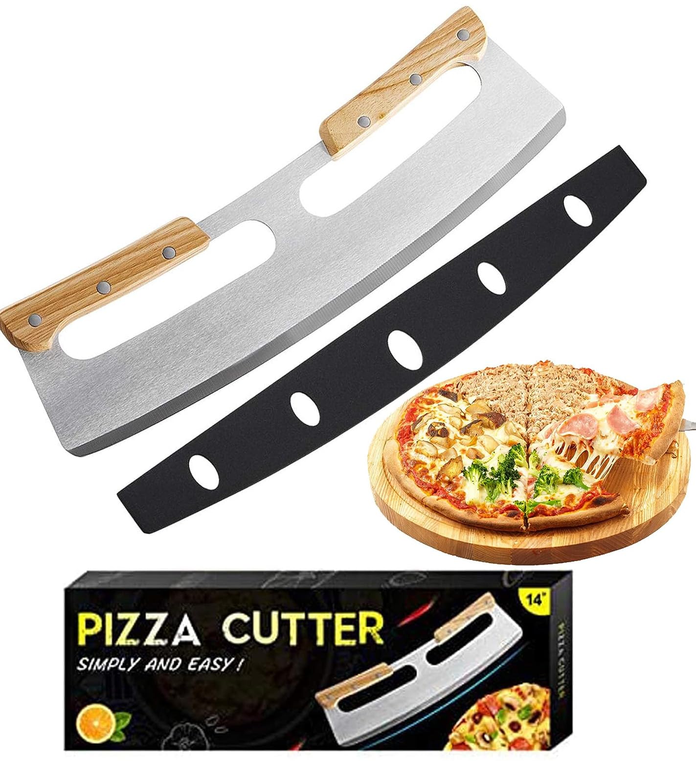 Pizza Cutter, Stainless Steel Pizza Knife Cuts Crescent Pizza with Wooden Handle for Pizza Cake and Bread Suitable for Home and Kitchen
