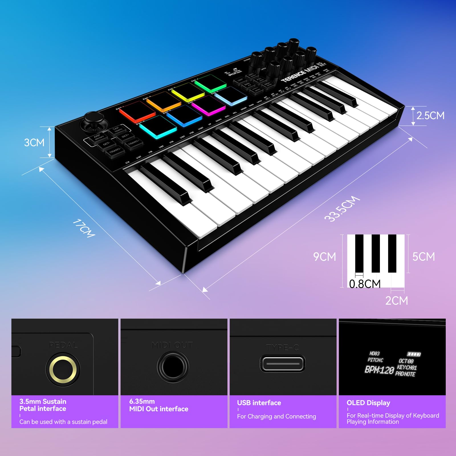 TERENCE Clavier MIDI de 25 Touches Professionnel MIDI Keyboard Contrôleur 500 mAh 8 Pads RGB Bouton Rotatif à 360° Sans Fin 8 Boutons Assignables Écran OLED Compatible avec Plusieurs DAW et Appareils