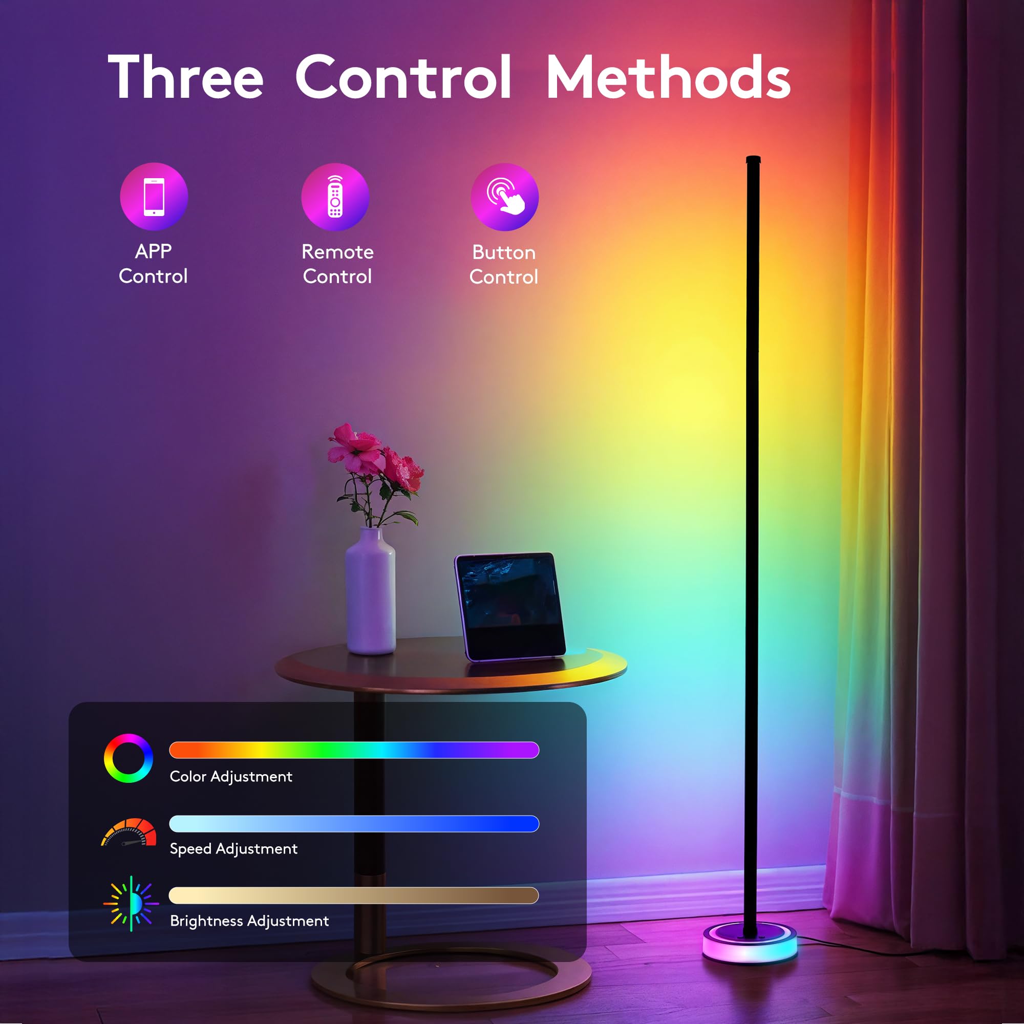 Inteligentna narożna lampa podłogowa LED, 150 cm, RGBICW, zmieniające kolor oświetlenia otoczenia, sterowanie aplikacją, synchronizacja muzyki, nastrojowe światło, nowoczesna ściemniana
