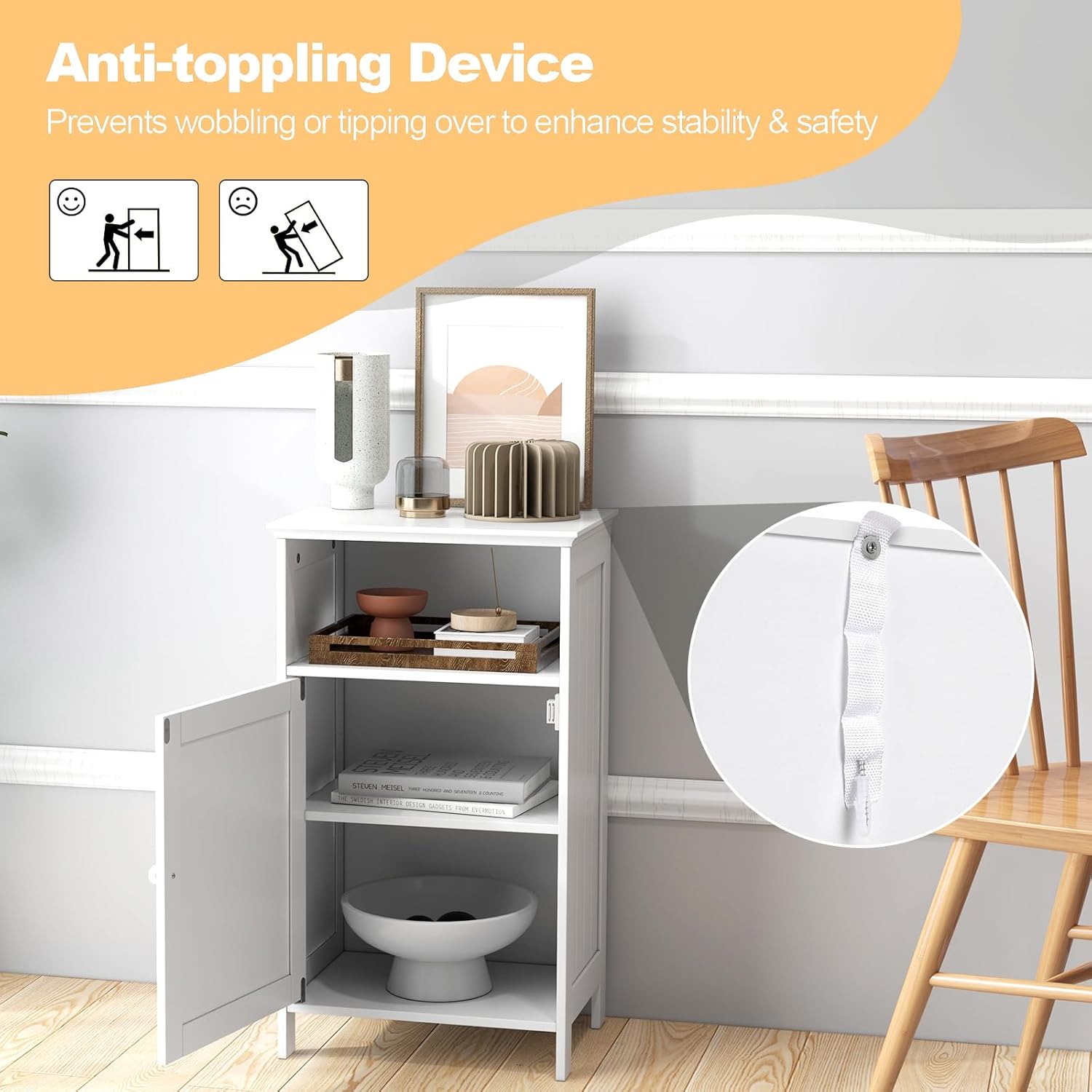 COSTWAY Single-Door Floor Cabinet, Compact Bathroom & Side Storage Organizer with Adjustable Shelf, Anti-Tip Safety, and Open Compartment for Bathroom, Living Room (White)