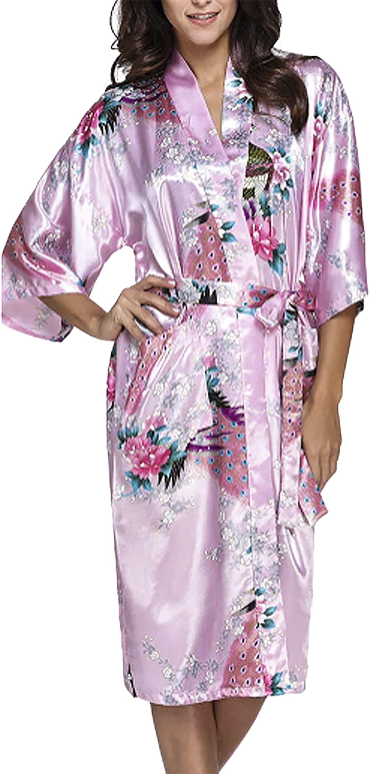 TRIFOLIUM Bata Kimono y Camisón de Seda Satinada con Estampado de Pavo Real para la Boda, Négligé y Vestido de Noche