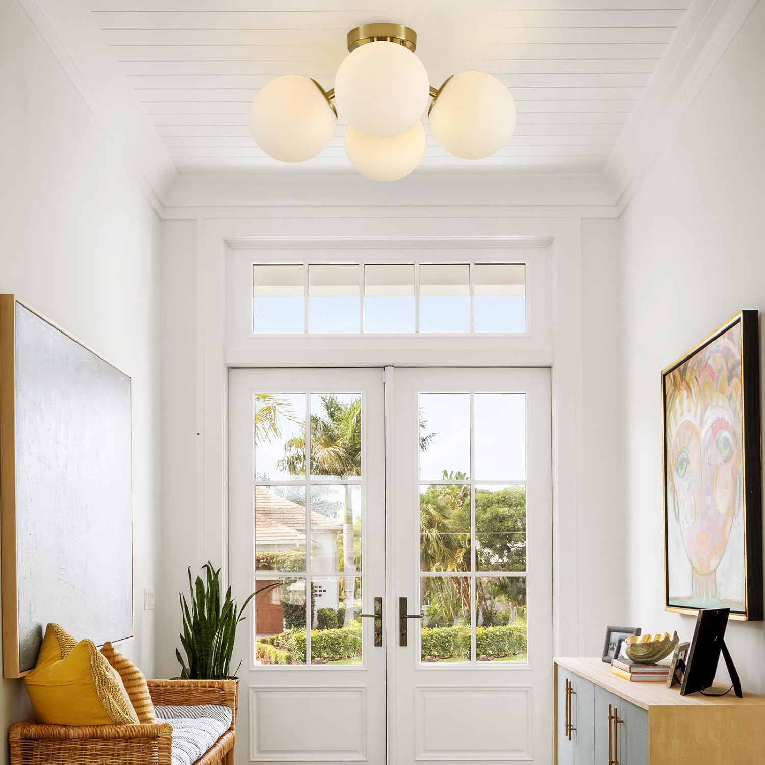 4-light mid century modern ceiling light, 19.69" brass semi flush mount ceiling light, milk glass globe sputnik ceiling light fixture for kitchen, bedroom, living room, hallway