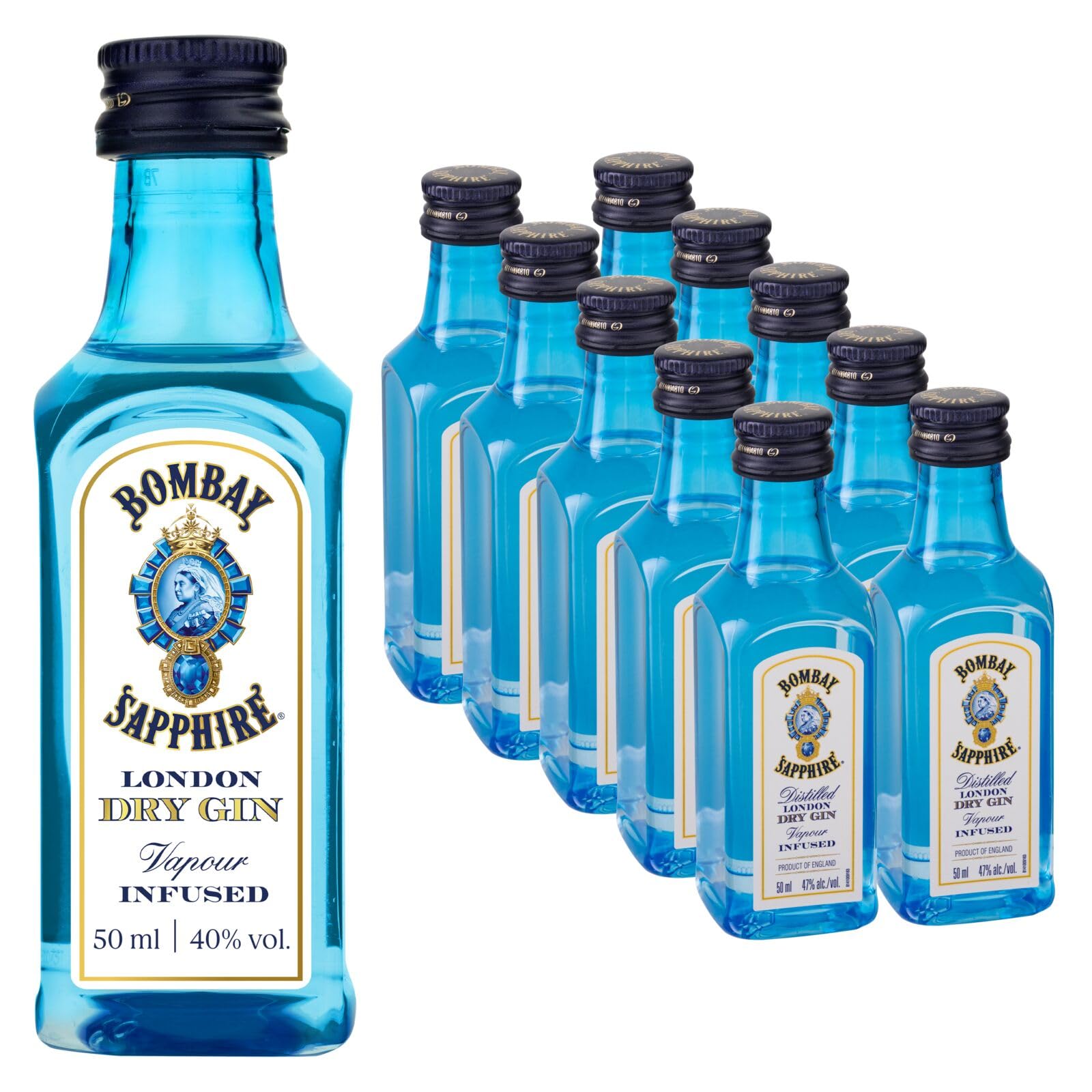 Bombay Sapphire London Dry Gin Miniatures, 40% vol., 5 cl / 50 ml (Pack of 10), 100% Vapour Infused Spirit with 10 Hand-Selected Botanicals