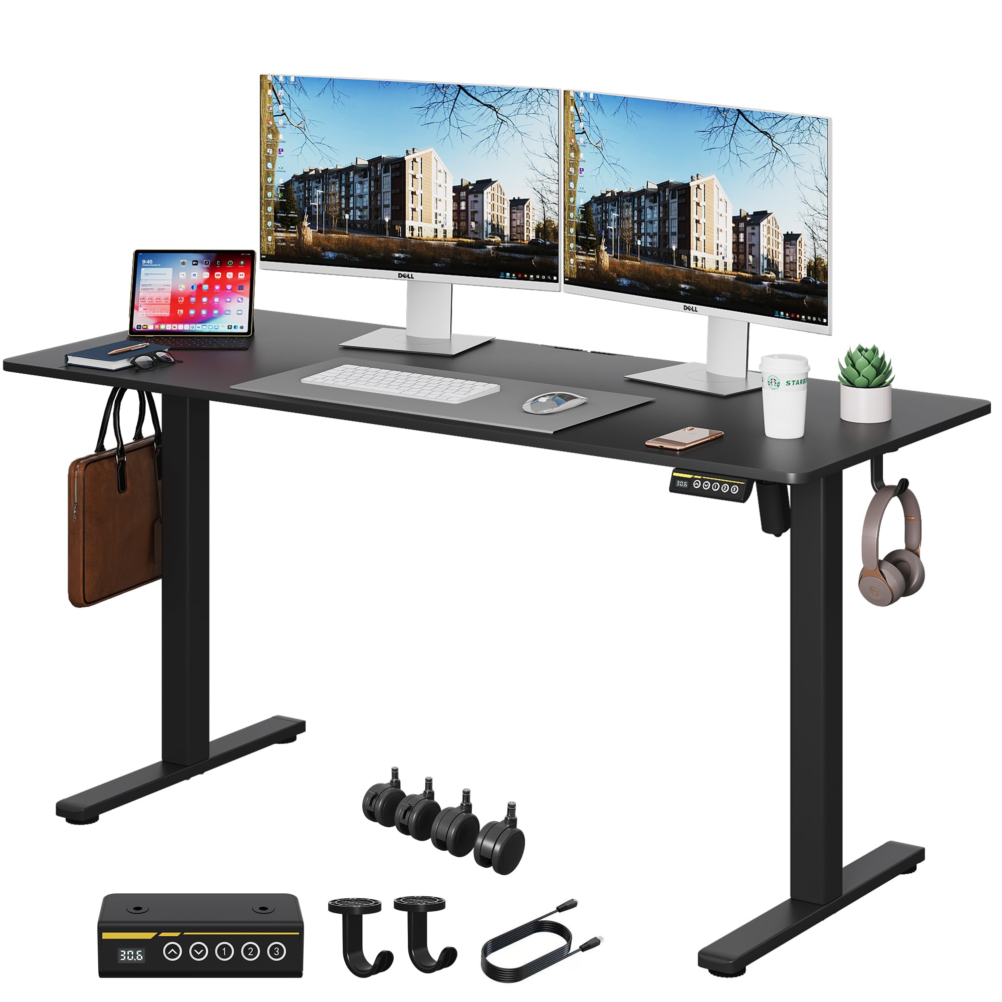 Gamork Electric Standing Desk Adjustable Height 140x60cm (55"x24") Stand Up Desk with Lockable Wheels Ergonomic Sit Stand Desk for for Work Office Home Computer Desk Workstation (Black)