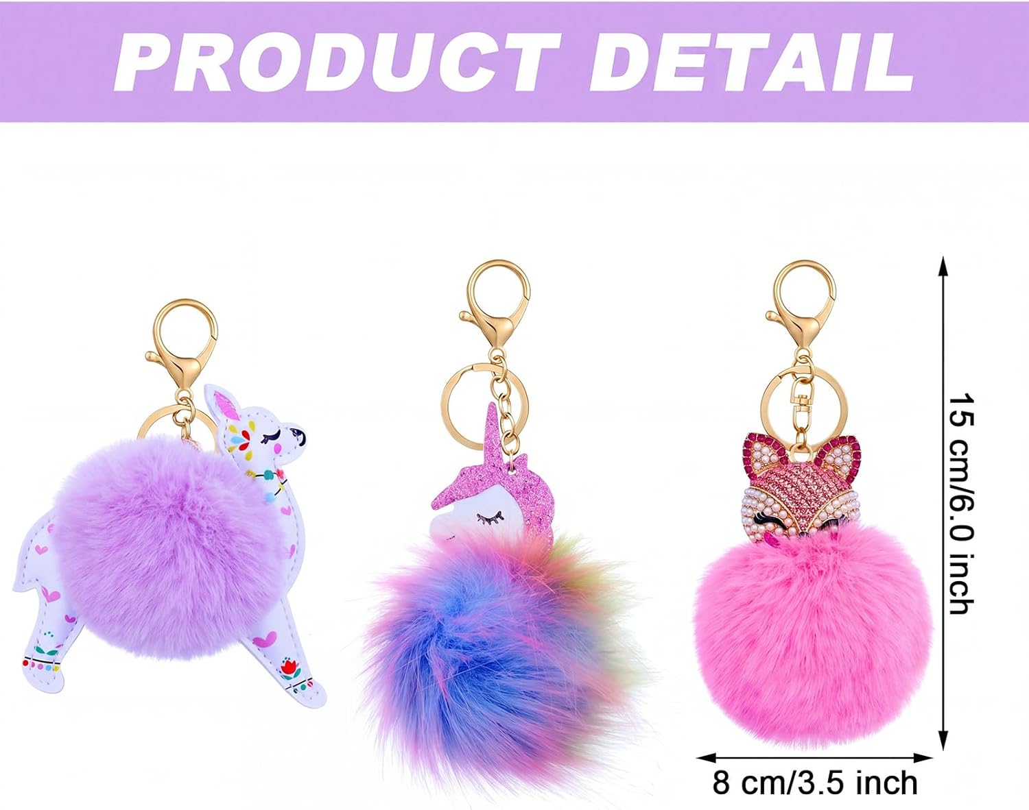3 Pieces Animal Pom Pom Keychain Cute Fluffy Key Ring Unicorn Keychain for Women Bag Accessories