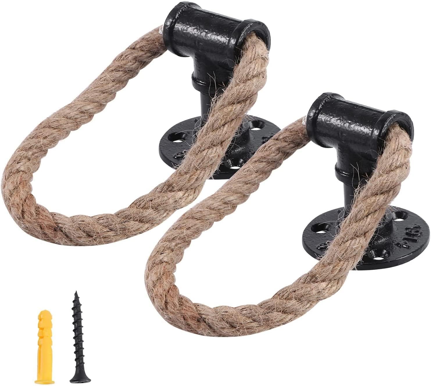 Foohy Black 2Pcs Rustic Metal Hemp Rope Barn Door Pull Handle Drop Ring Pull Indoor Outdoor Farmhouse Cast Iron Grab Bar Handles For Gate Closet Sliding Door Handle