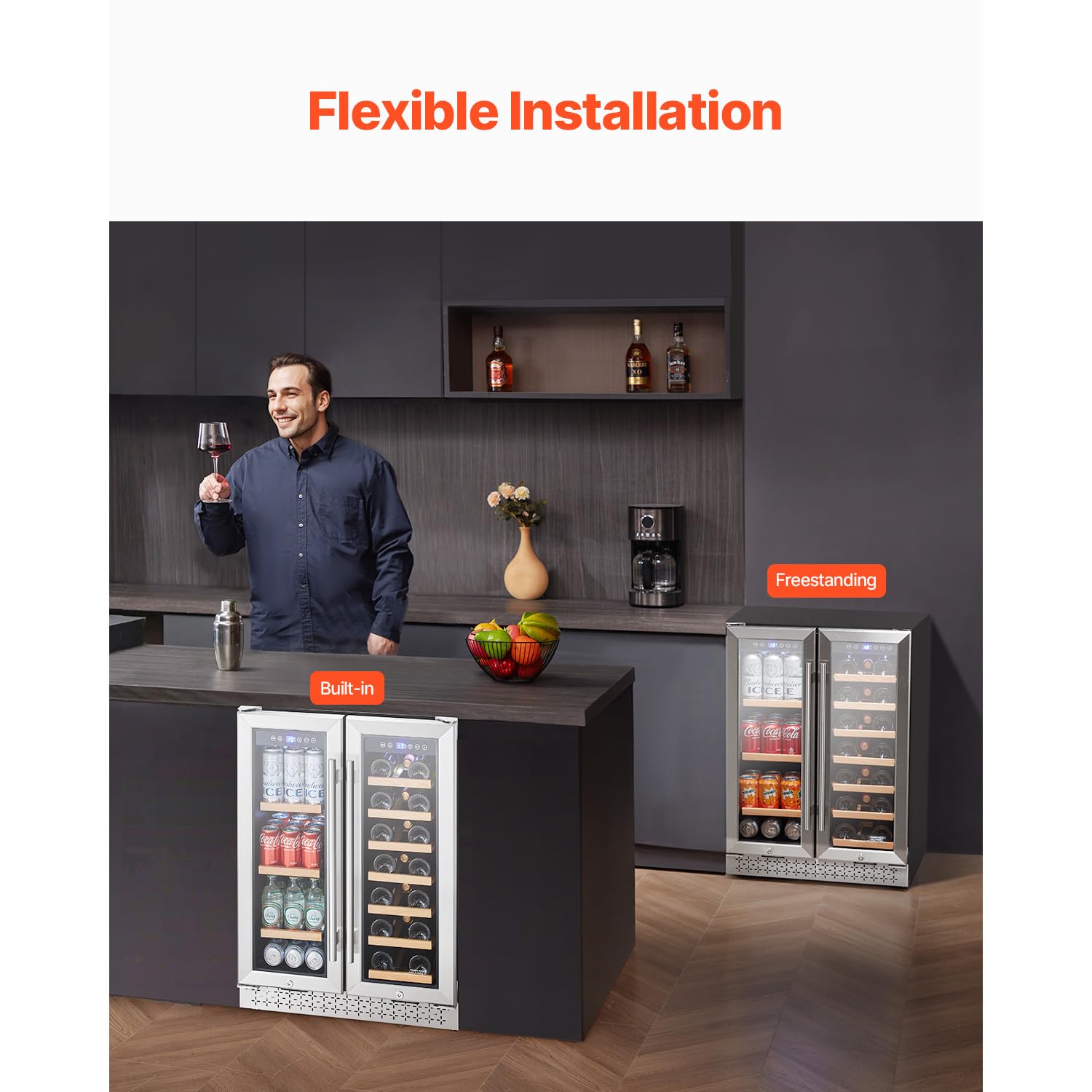 Happybuy 24-Inch Dual Zone Wine And Beverage Refrigerator, Built-In & Freestanding Fridge With Glass Doors, Adjustable Shelves, Digital Temperature Control, Holds 64 Cans And 20 Bottles on Fridge.com - View 5
