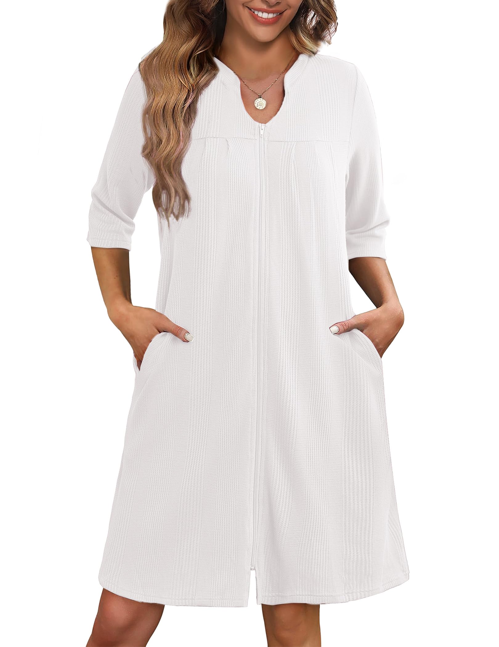 Ekouaer Zipper Robes for Women 3/4 Sleeve Waffle Knit Bathrobe Lightweight Short Housecoat with Pockets Soft Loungewear S-3XL