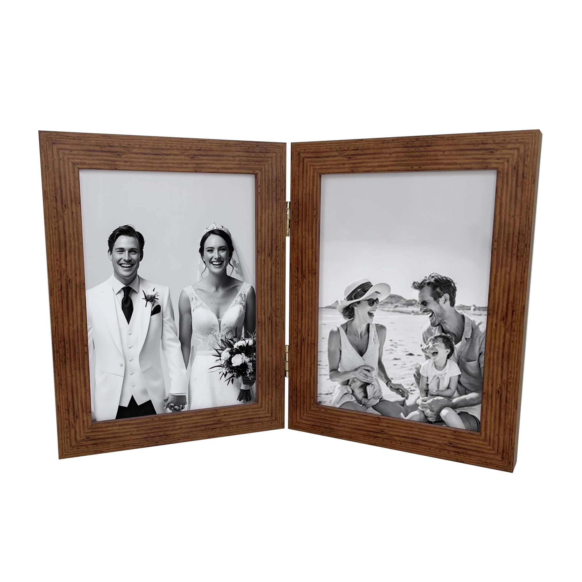 Aryllis Rustic Brown 7X5 Double Photo Frame, Freestanding & Folding Hinged Twin Frames For Tabletop Display