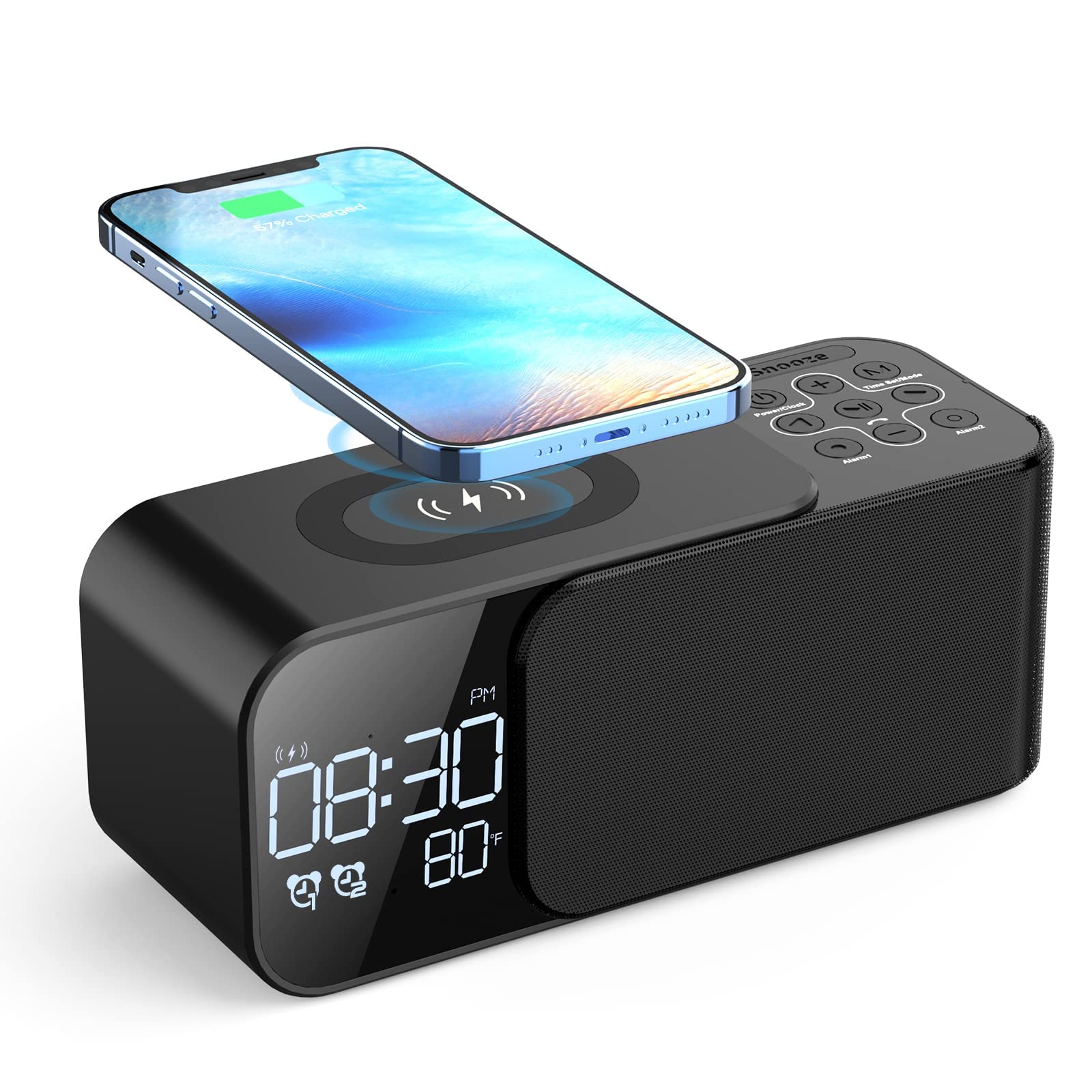 KASTWAVE Alarm Clock Radio with Wireless Charging & Bluetooth Speaker, Multifunction Fast Wireless Charging Dual Alarm Clock Radio with Bluetooth Audio with LED Display