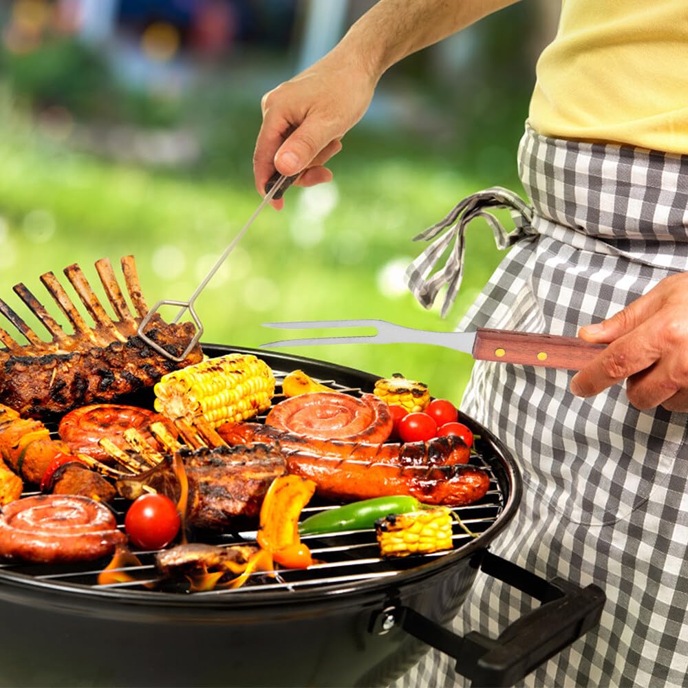 2 Piezas Tenedor para Carne, Tenedor Trinchador en Acero Inoxidable, Mango de Madera, Cuchillo Carnicero para Deshuesar, Tenedor para Trinchar, Tenedor de Parrilla Barbacoa (33.3cm/38.2cm)