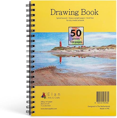 Elan Libro de dibujo A4, 50 hojas de papel de dibujo de 7.05 ozm, bloc de dibujo A4, bloc de dibujo sin ácidos, libros de arte, cuaderno de dibujo