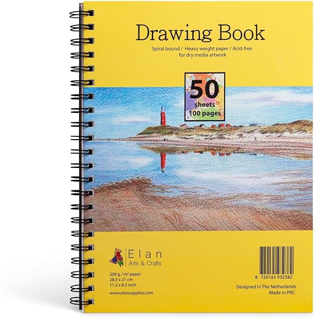 Elan Drawing Book A4, 50 Sheets 200gsm Paper, Drawing Pad A4, Acid-Free Paper Art Pad, Art Books, A4 Canvas Pad, Sketch Pad A4, A4 Sketchbook Made for Artists, A4 Drawingbook Perfect for Pencil Art