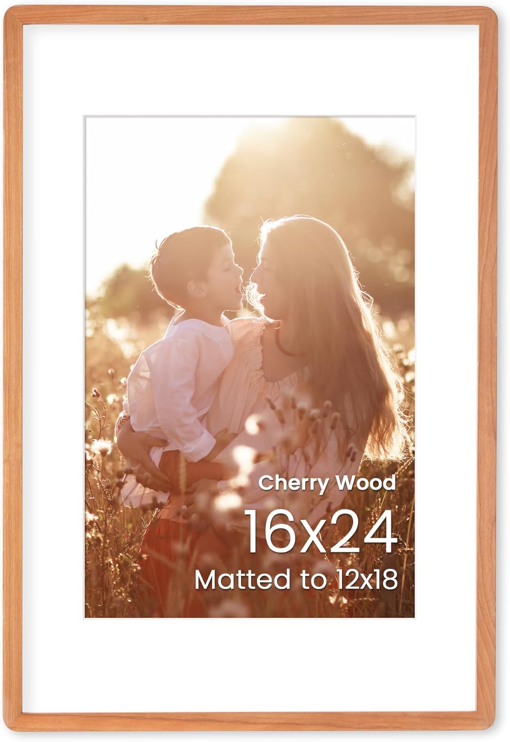 16x24 Poster Frame, Natural Solid Cherry Wood 16 x 24 Picture Frame, Rounded Corner 16"x24" Frame Matted to 12x18, 16x24 Poster Frame HD Tempered Glass, 16 by 24 Photo Frame for Wall, 1 Pack 16x24 - 1P