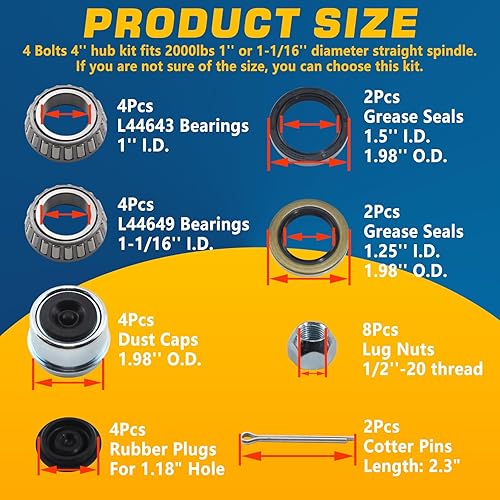 Miniatura 2 de Kit de cubo de remolque de 4 en 4 pulgadas para eje recto de remolque de 2000 libras de 1 pulgada o 1-116 pulgadas, kit de cubo de remolque de 4 x 4
