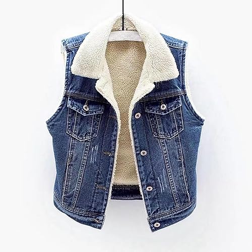 Vista 3 de bawilom Denim Vest for Women Winter Warm Fuzzy Sherpa Fleece Lined Jean Jacket Sleeveless Cowboy Coat Waistcoat Streetwear