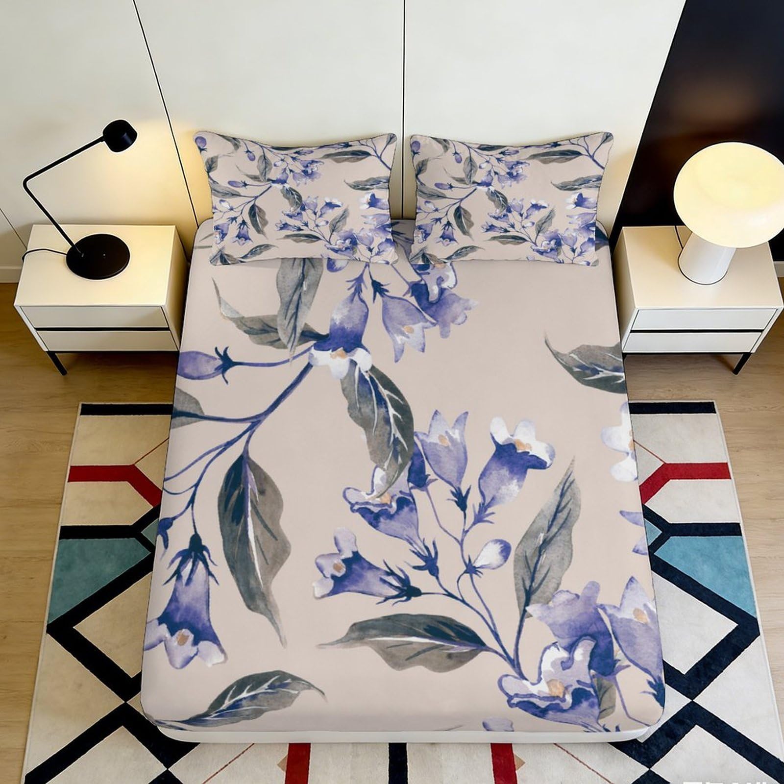 3D Printed Watercolor Floral Fitted Sheet Microfiber Soft Non-Slip Mattress Cover for Bedroom Guest Room Decor, Beige Blue Botanical 140x200x25cm