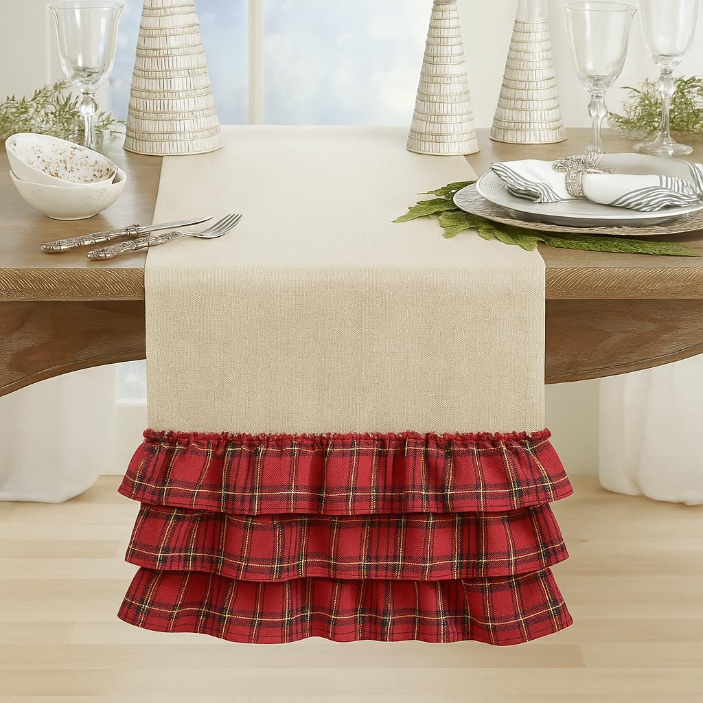 Fennco Styles Holiday Deer Tartan Plaid Ruffle Border Christmas Table Placemats13 W x 19" L, Set of 4