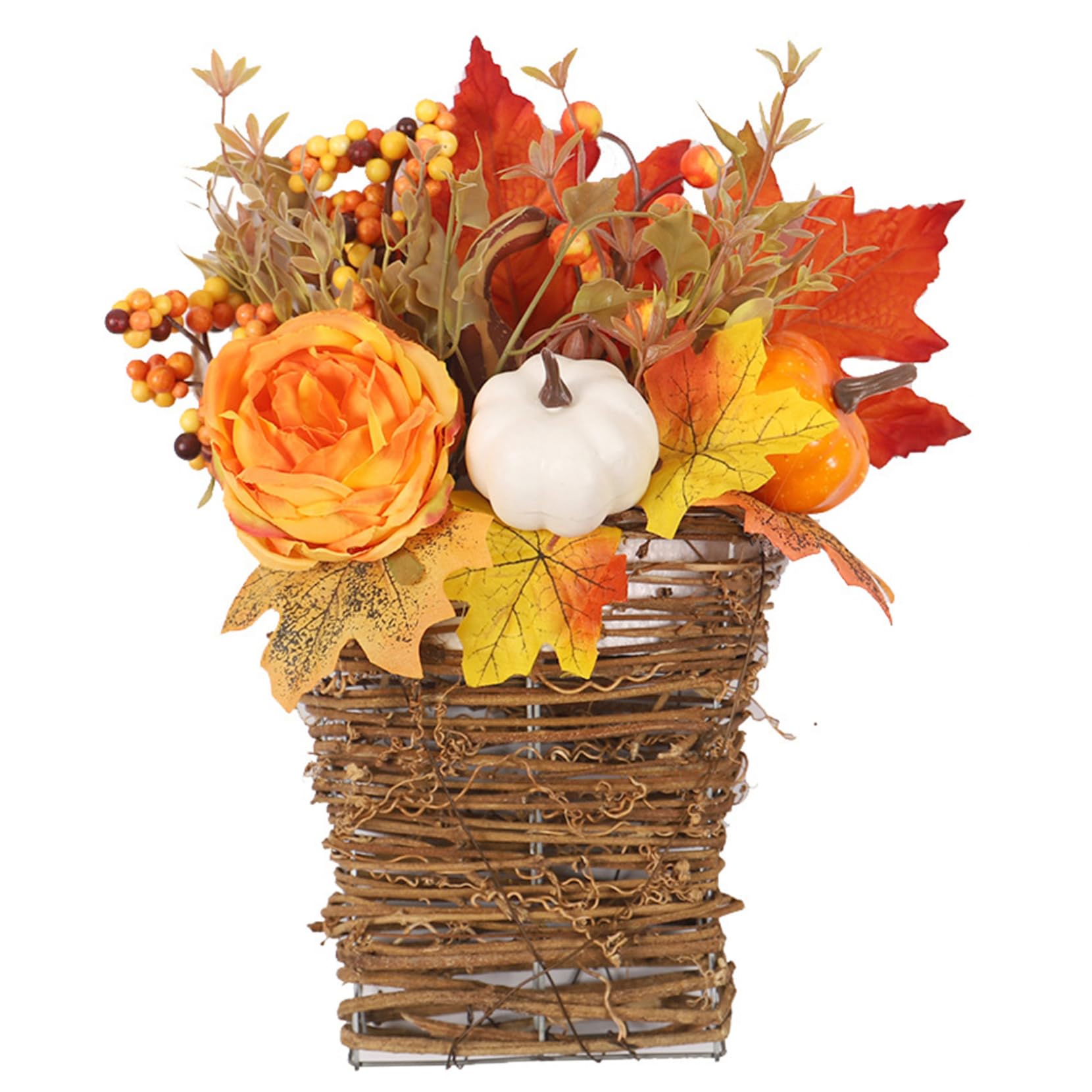 Pesoncarl Halloween Decorations, Fall Wreath Basket 11.8x13.4 Fall Door Wreath with Peony Flower, Pumpkin, Maple Leaves and Berry for Front Door Thanksgiving Halloween Harvest Decor