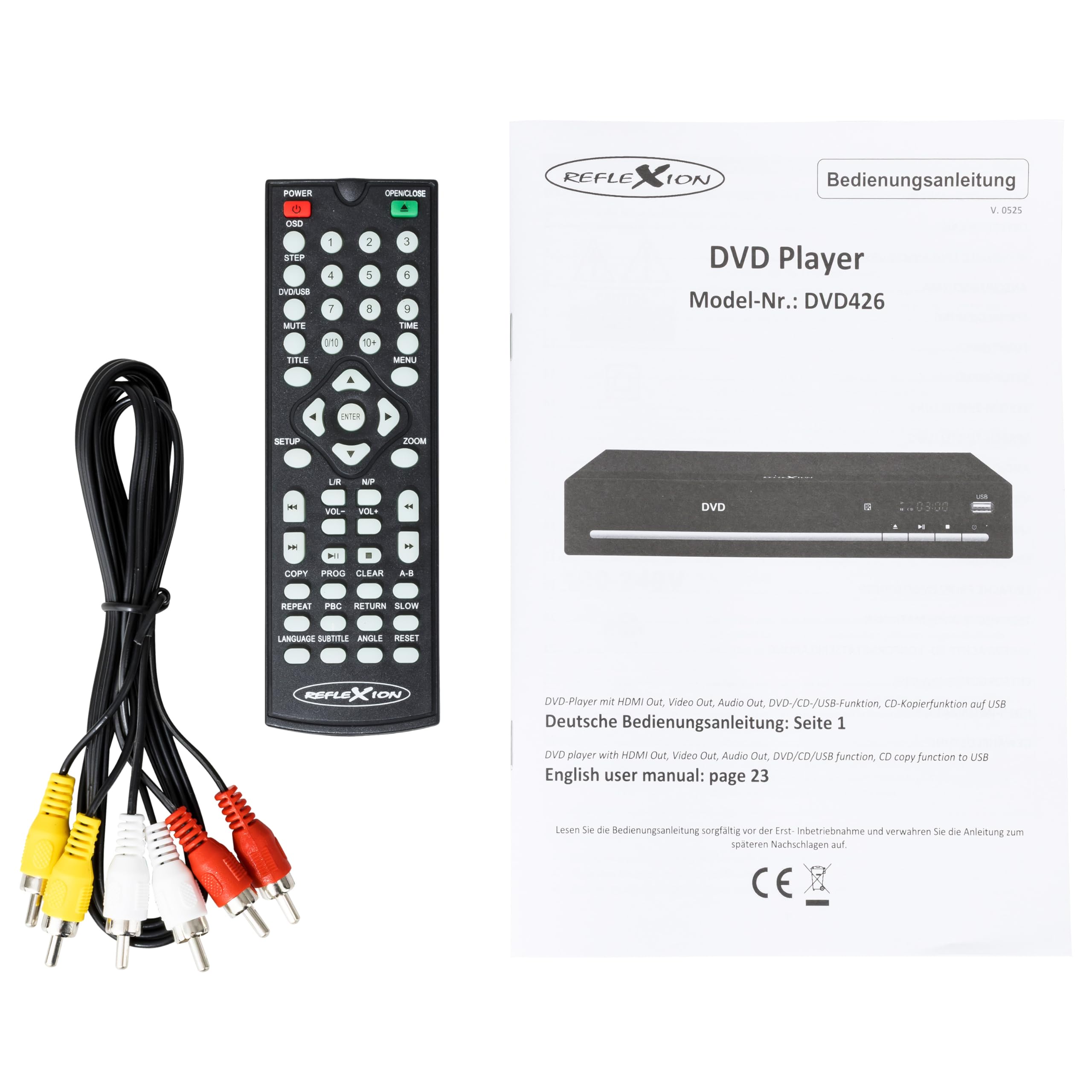 Reflexion DVD-/CD-Player DVD426 mit HDMI & USB | Kompakt mit Display & CD-zu-USB-Kopierfunktion | Unterstützt DVD/CD/MP3/AVI | Fernbedienung & AV-Kabel inklusive | Schwarz