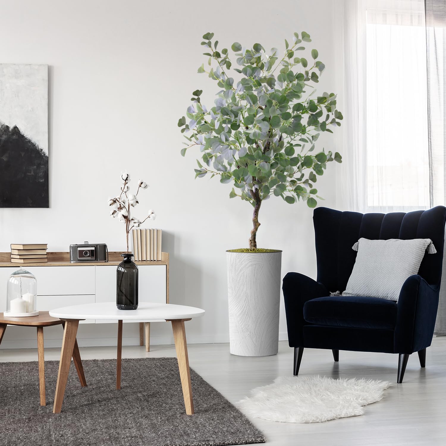 Artificial Tree in White Marble Effect Planter, Fake Eucalyptus Silk Tree for Indoor and Outdoor Home Decoration - 66" Overall Tall (Plant Pot Plus Tree)