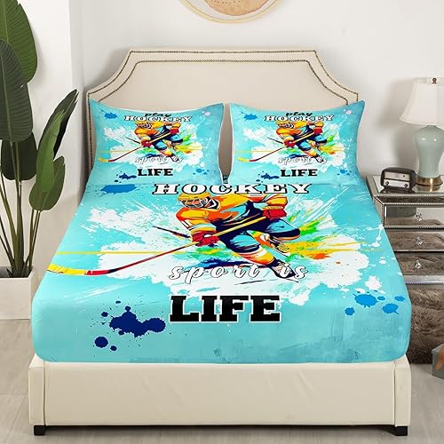Miniatura 3 de Erosebridal Juego de ropa de cama de hockey sobre hielo, ropa de cama deportiva sobre hielo, sábana bajera ajustable de teñido anudado azul para
