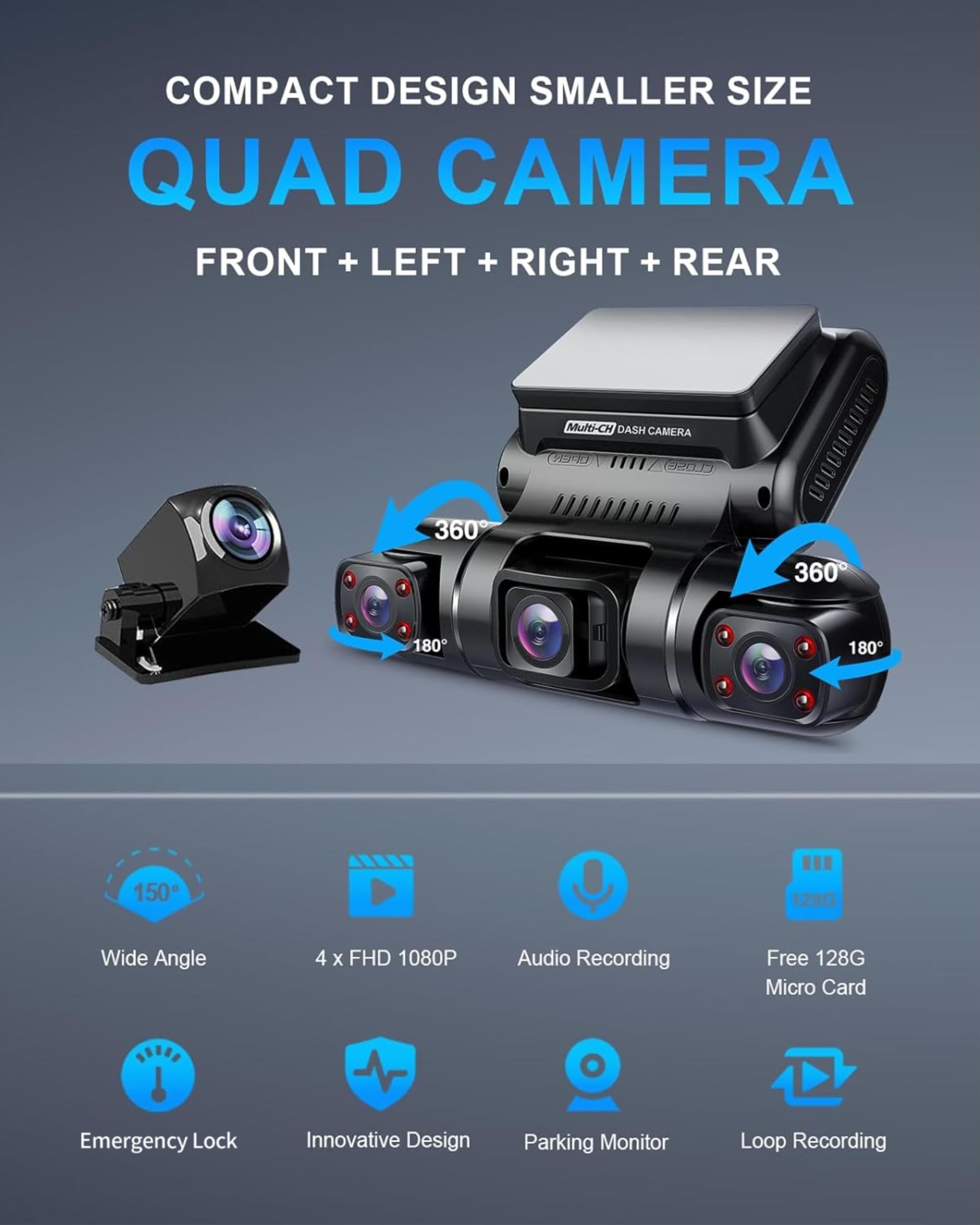 4 lenti Dashcam Quad 4x1080P Anteriore,Sinistra,Destra e Posteriore con Parcheggio GPS WiFi 24H/7,Visione Notturna IR Dash Cam Auto,150 ° Angolo Largo WDR 3 Pollici TFT G Sensor Libero 128GB