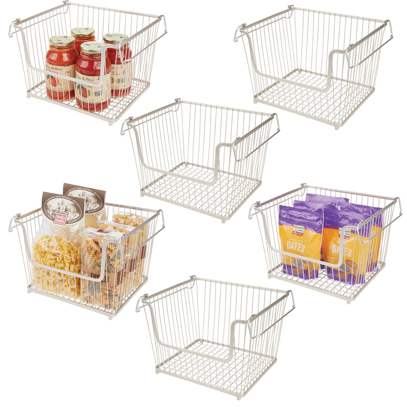 mDesign Moderno cestino portaoggetti in metallo – Grande organizer cucina con manici – Contenitore cucina capiente impilabile – Set da 6 – argento opaco