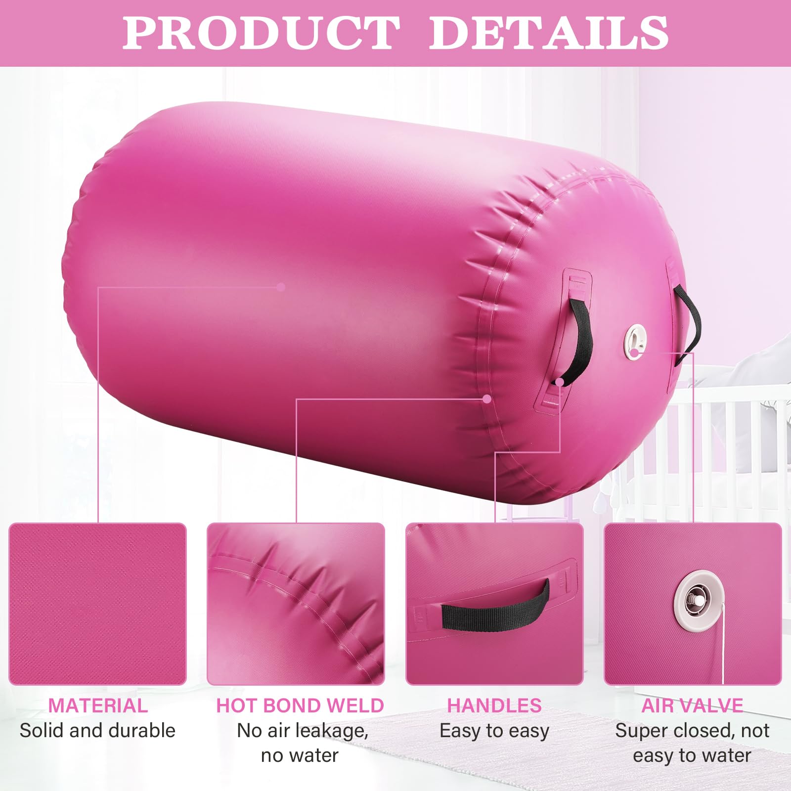 ZENOVA Air Roller Back Handspring Trainer, Gymnastics Barrel Air Tumbling Track Air Barrel Gymnastics, Inflatable Tumbling Mat Air Mat Tumble Track with Pump for Yoga, Pink