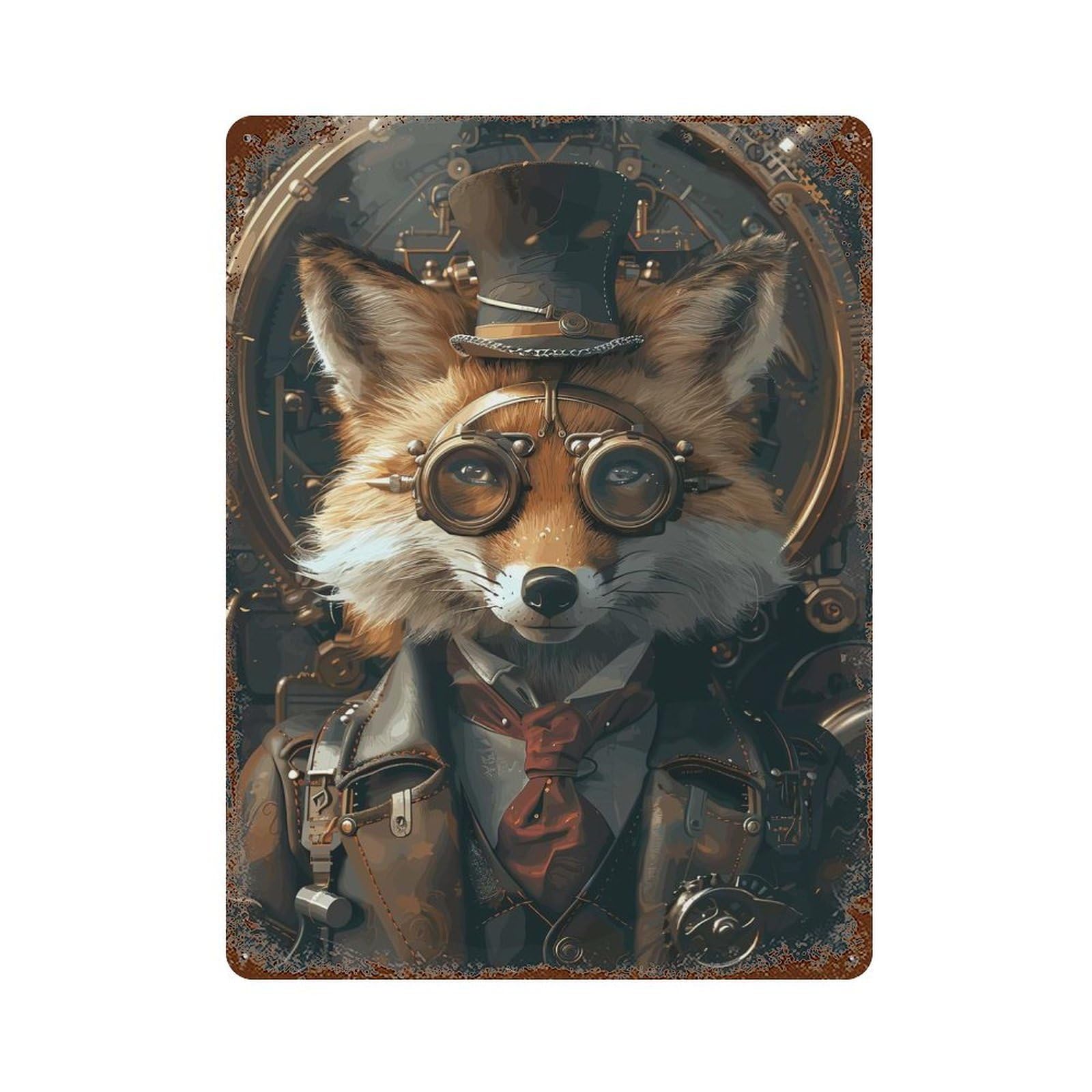 Steampunk Animal Fox Aged Metal Wall Plaque 15.7"x11.8", Industrial Home Decor for Pub, Kitchen And Man Cave Decor