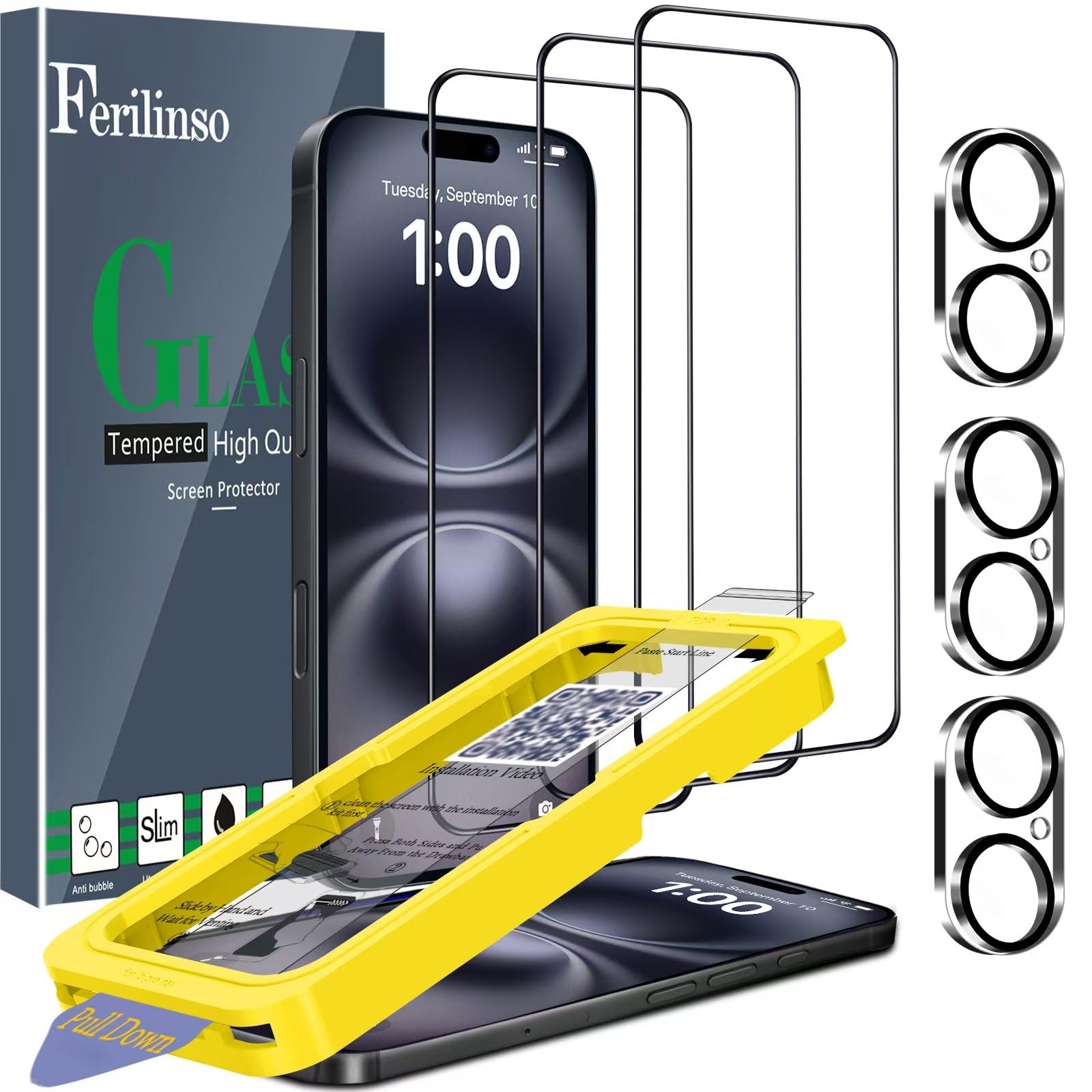 Ferilinso [Auto Dust Install] 3 Pack Screen Protector for iPhone 16 [Phone Case fit], 3 Tempered Glass Camera Lens Protector Accessories for Apple