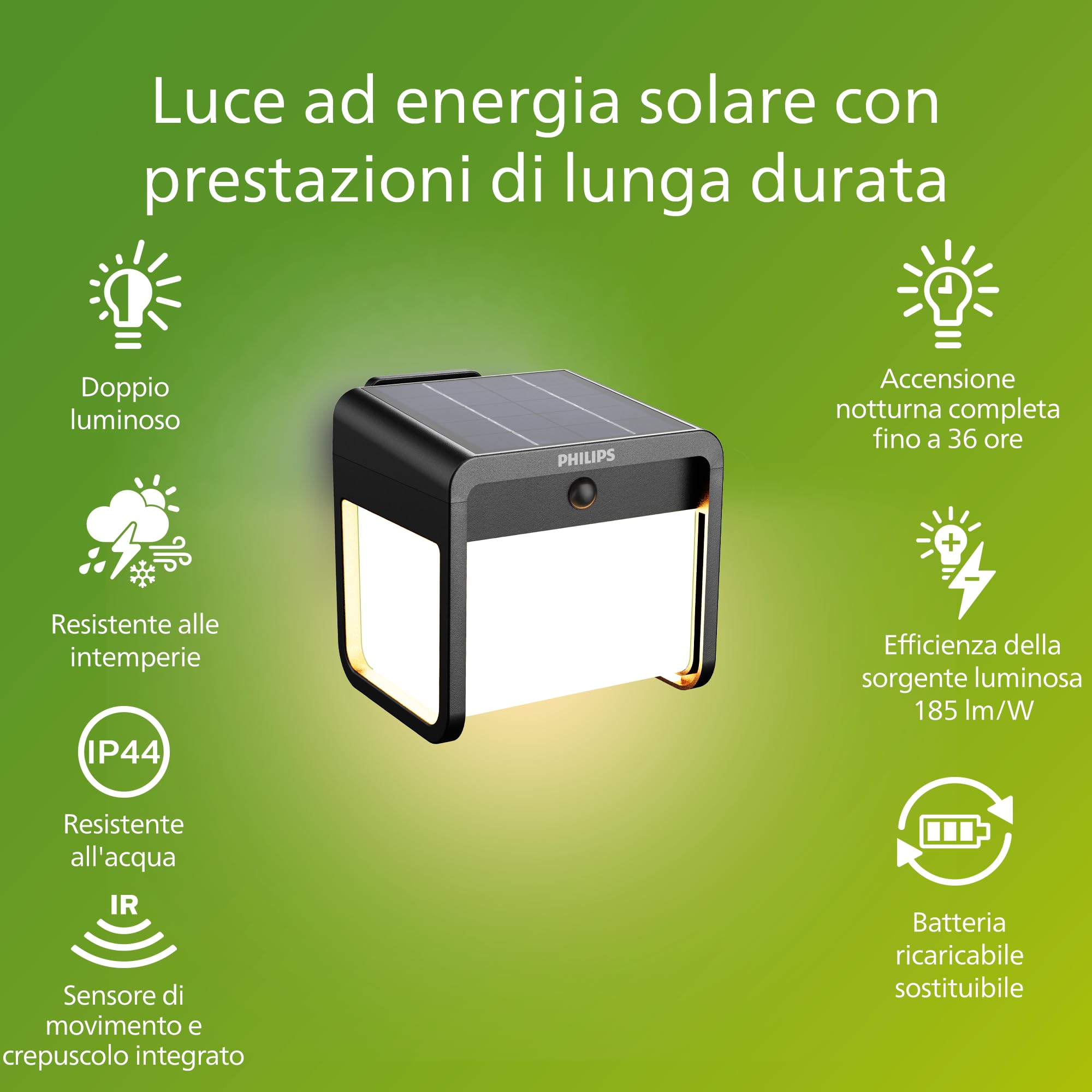 PHILIPS Ezra, Lampada solare da parete UltraEfficient, per Esterni, con Sensore di Movimento, 3000K, 250/25lm, Nero