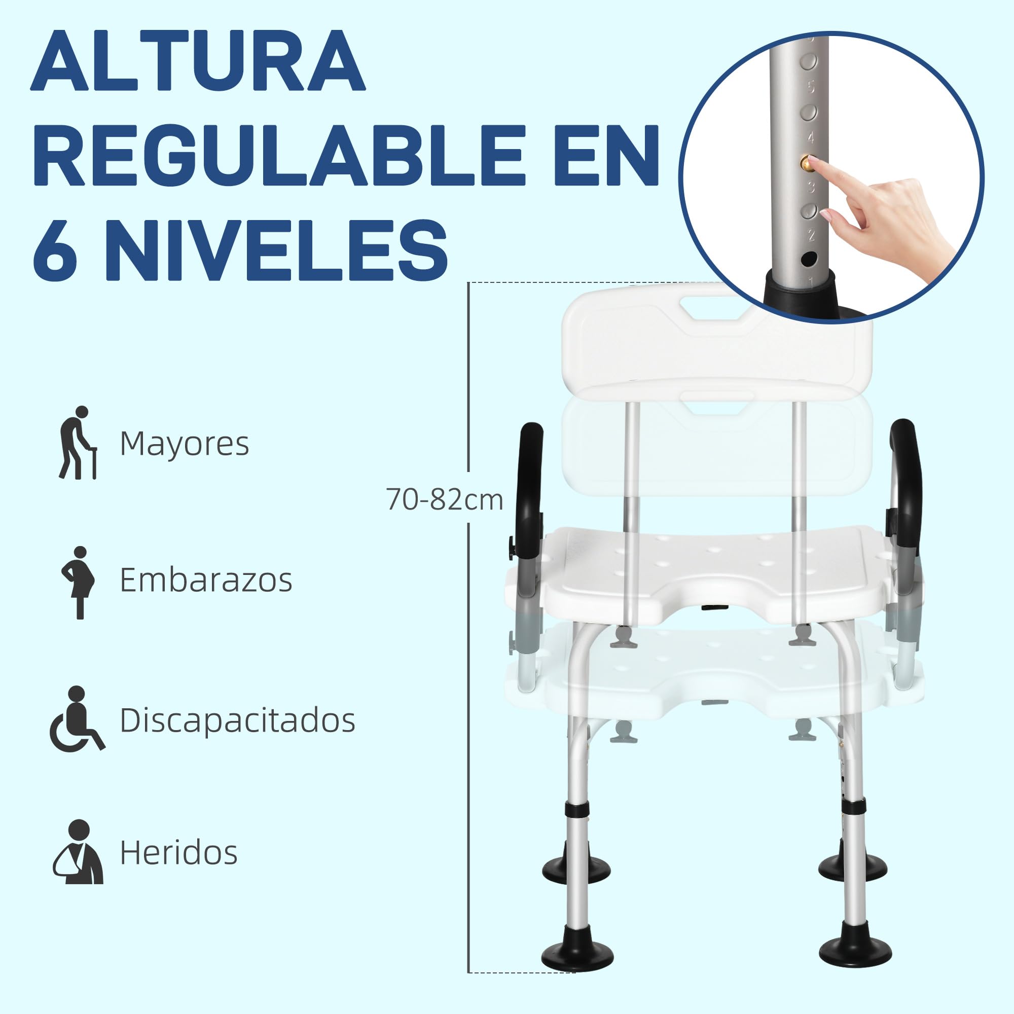 HOMCOM Silla Ducha Personas Mayores Antideslizante con Respaldo 136 kg | Taburete de Ducha, Altura Ajustable, Asiento en U, Apoyabrazos Abatible
