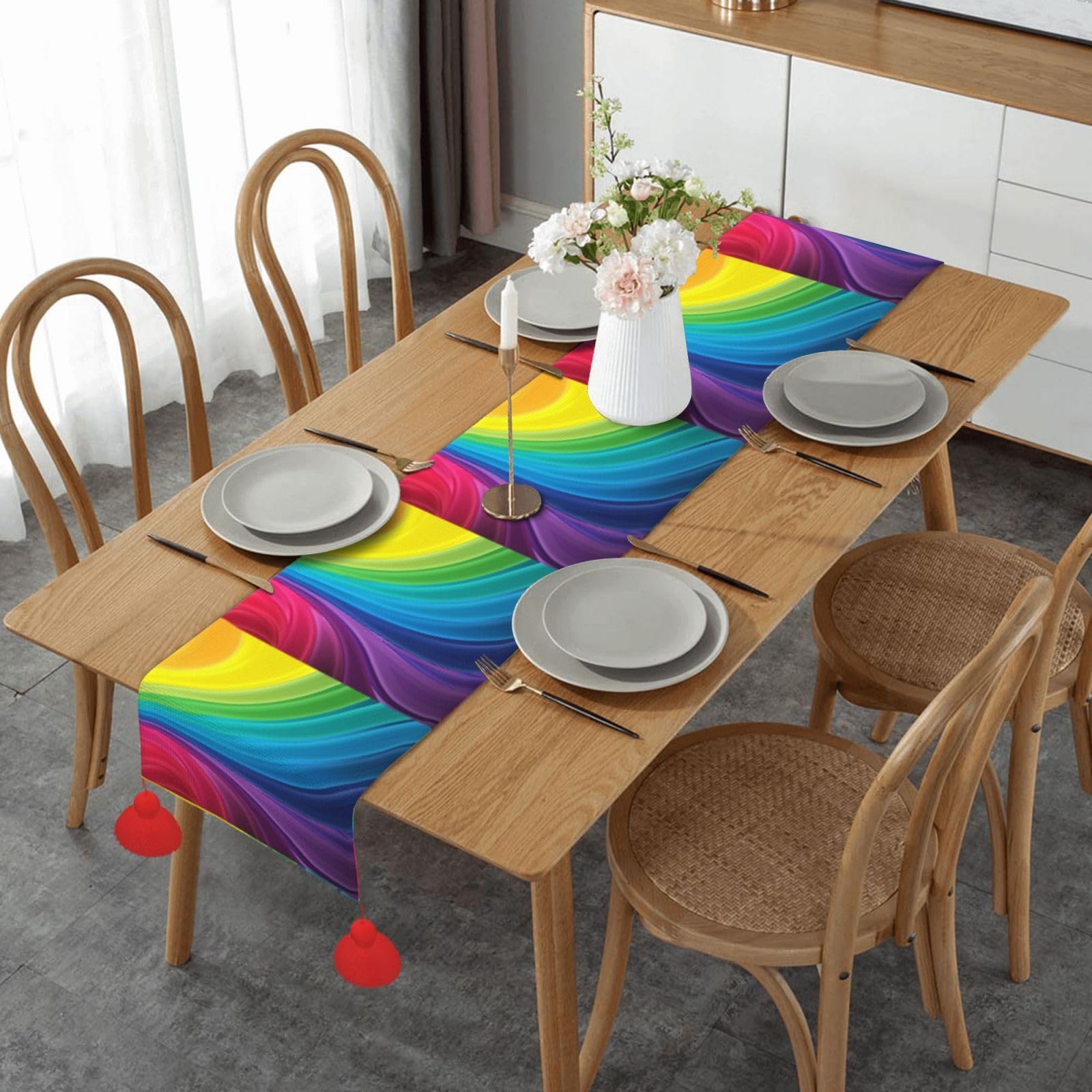 Chemin de table de Noël avec pompon et vagues arc-en-ciel pour cuisine