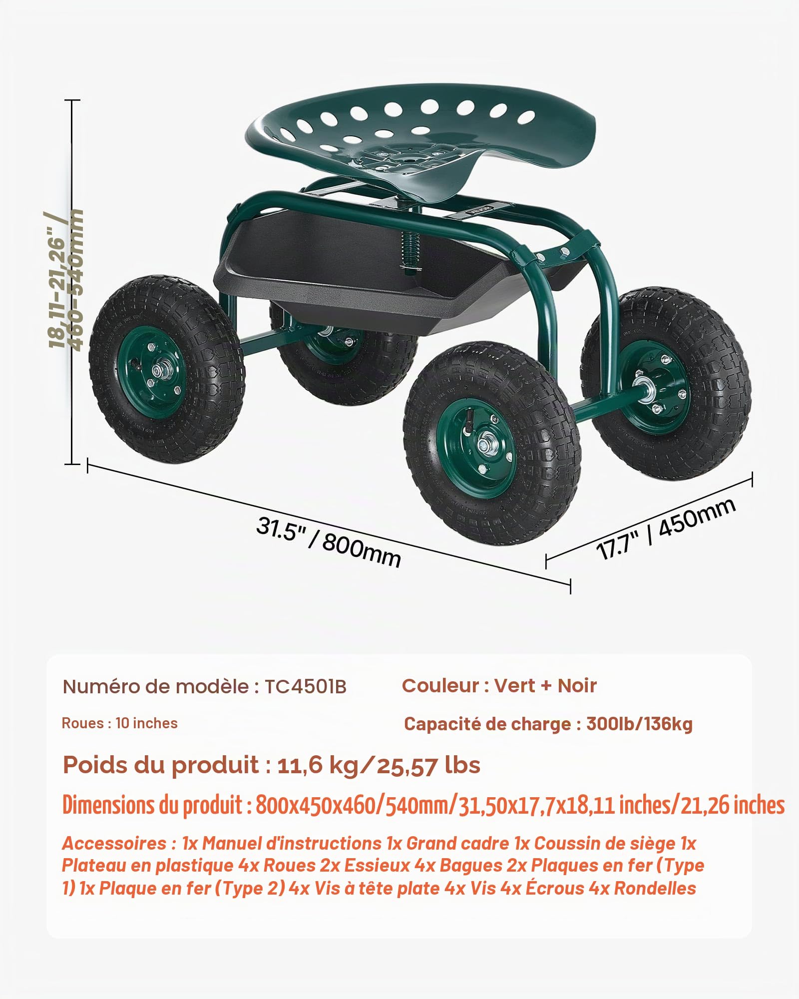 VEVOR Siège de Jardin Roulant, Tabouret de Jardinage sur Roues Robuste avec Panier de Rangement à Outils, Capacité de Charge 136 kg, Chariot avec Siège pour Désherbage, Plantation, Terrasse, Extérieur
