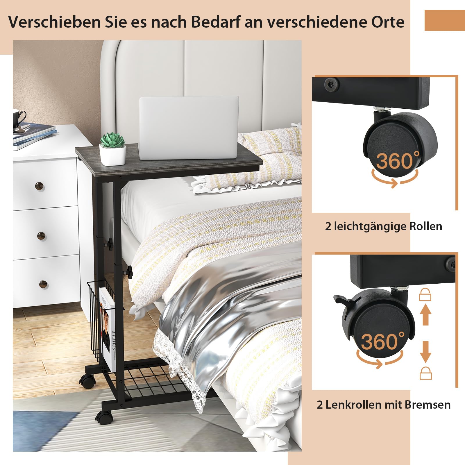 IBUYKE TVT003B C-vormige bijzettafel, 360° draaibare in hoogte verstelbare eindtafel voor kleine ruimtes, met sleuf voor telefoon en tablet, moderne kleine koffietafel voor bank/bed, zwart