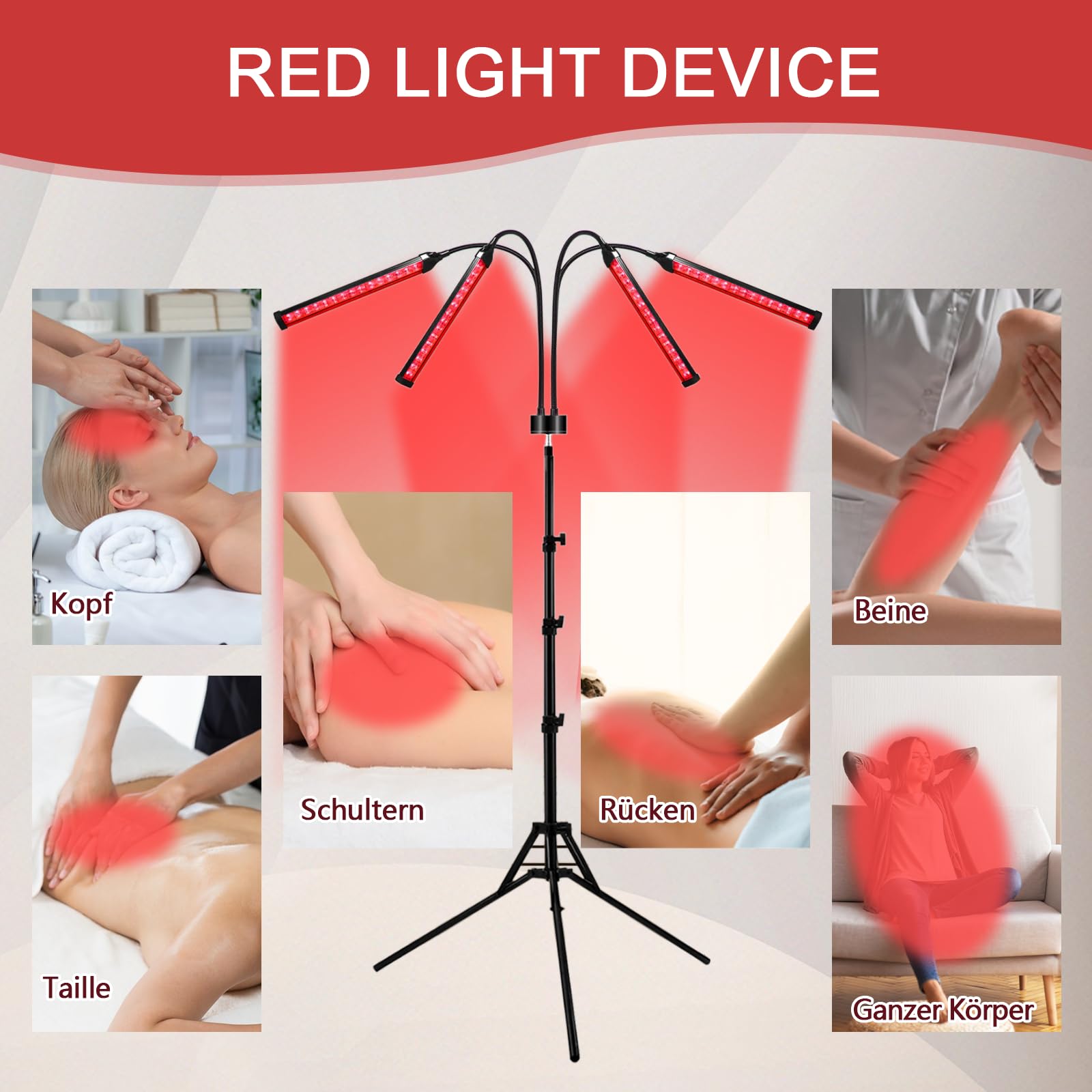 Rotlichtlampe mit Ständer, 660nm & 850nm & 940nm Infrarotlampe, 180LEDs Rotlicht mit Fernbedienung, 4 Köpfe Lichtlampe, Red Light für Männer und Frauen Geburtstagsgeschenke