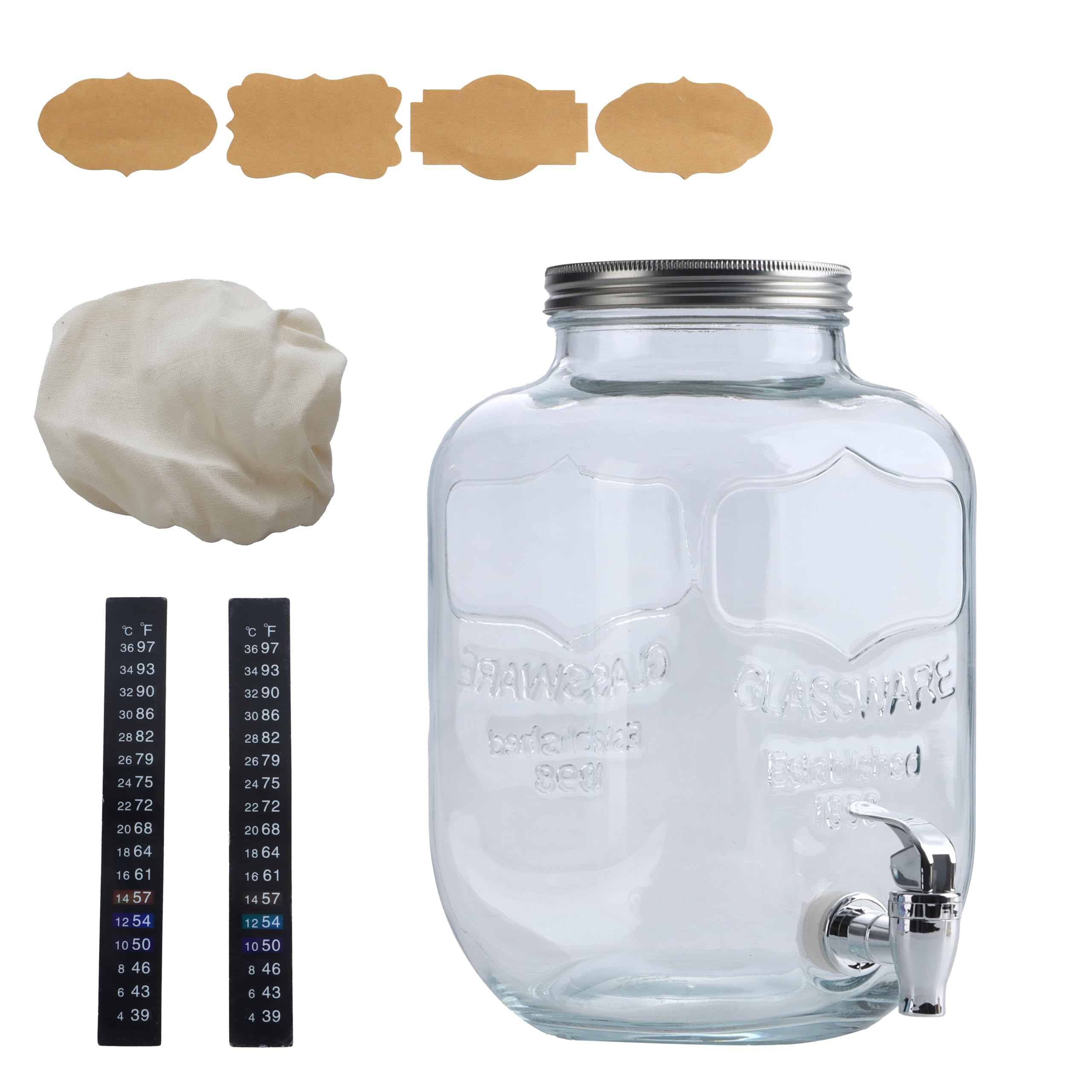 McEtt - Large Kombucha Brewing Jar Kit - 5 Liter (1.3 Gallon) Glass Fermentation Jar - SCOBY Hotel with Airtight Lid & Spout