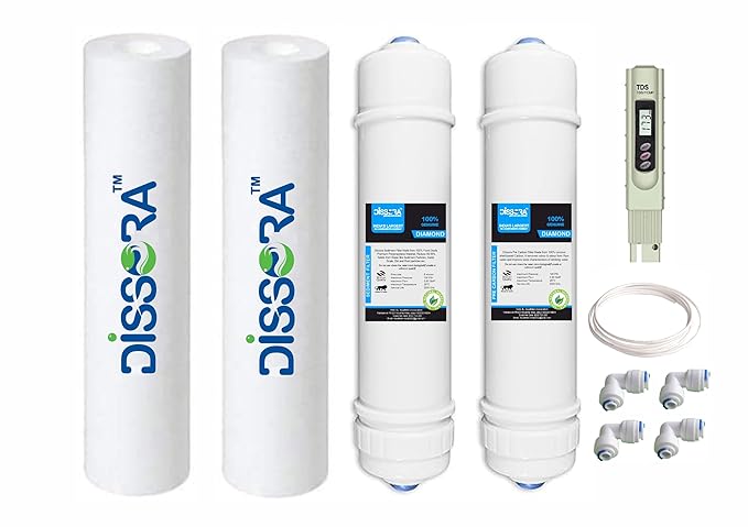 Dissora Diamond 10 Inch Inline Filter Cartridge Set (Pre Activated Carbon Block, Sediment, PP Spun Candle Filter Cartridge and TDS Meter) Compatible with All Brands RO UV UF Water Purifier, Pack of 7